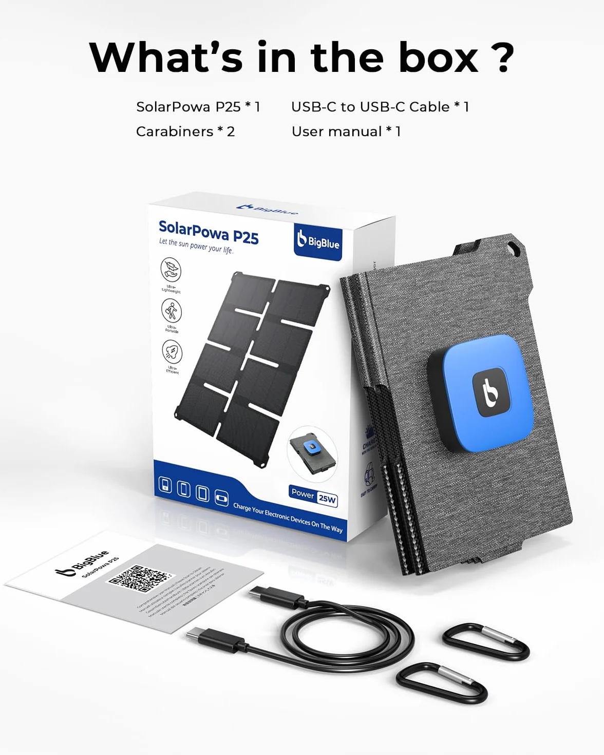 [Rozmiar kieszonkowy] BigBlue 25 W miniaturowa przenośna ładowarka solarna, składany panel słoneczny z 2 portami USB A/C, IP68 do użytku na zewnątrz, kompatybilna z telefonami, tabletami