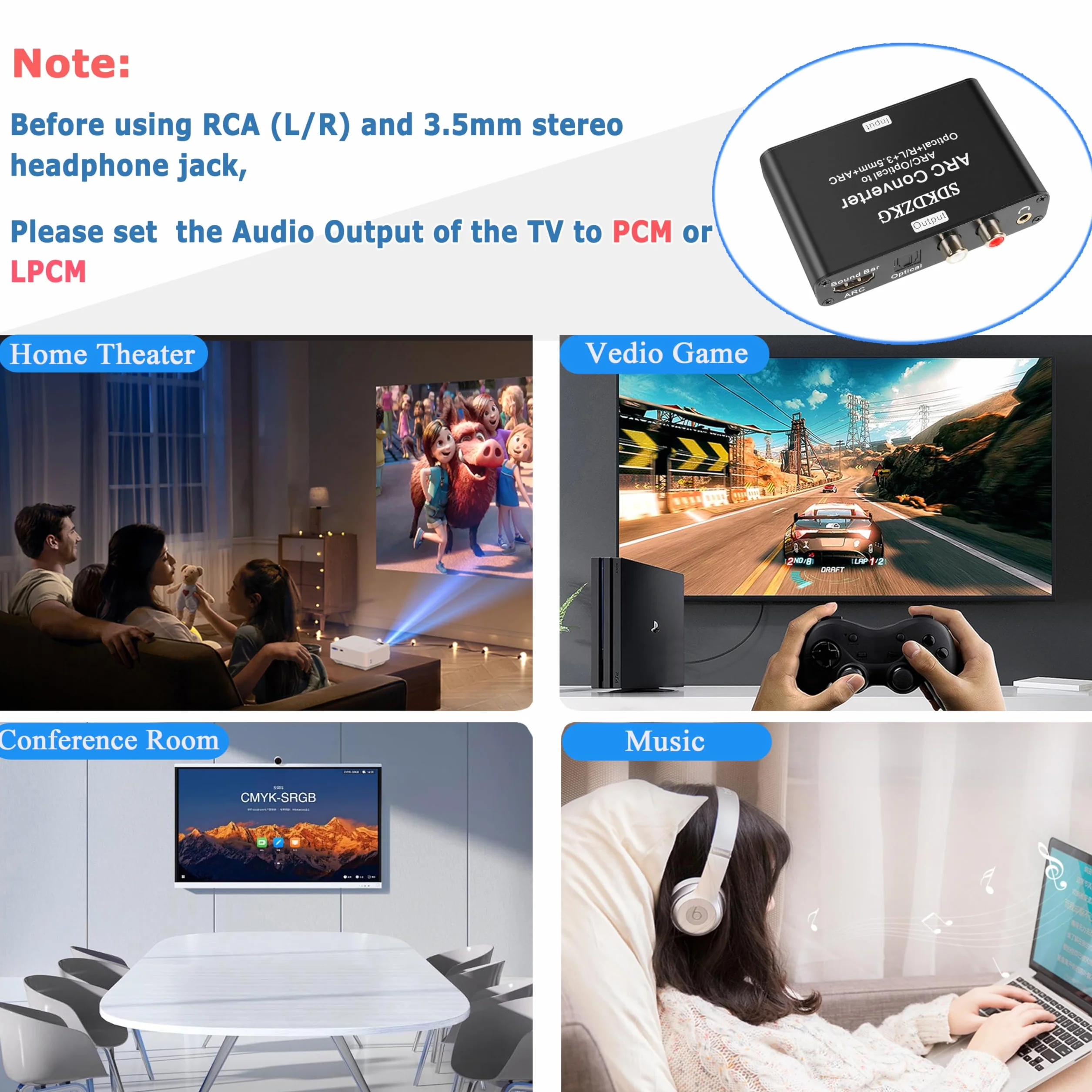 192KHz DAC Konwerter, HDMI ARC Audio Ekstraktor Adapter, HDMI/Cyfrowy Optyczny Toslink SPDIF do Analogowy Optyczny Toslink SPDIF,ARC, L/R lub 3,5 mm Jack Stereo dla HDTV Wzmacniacz Soundbar