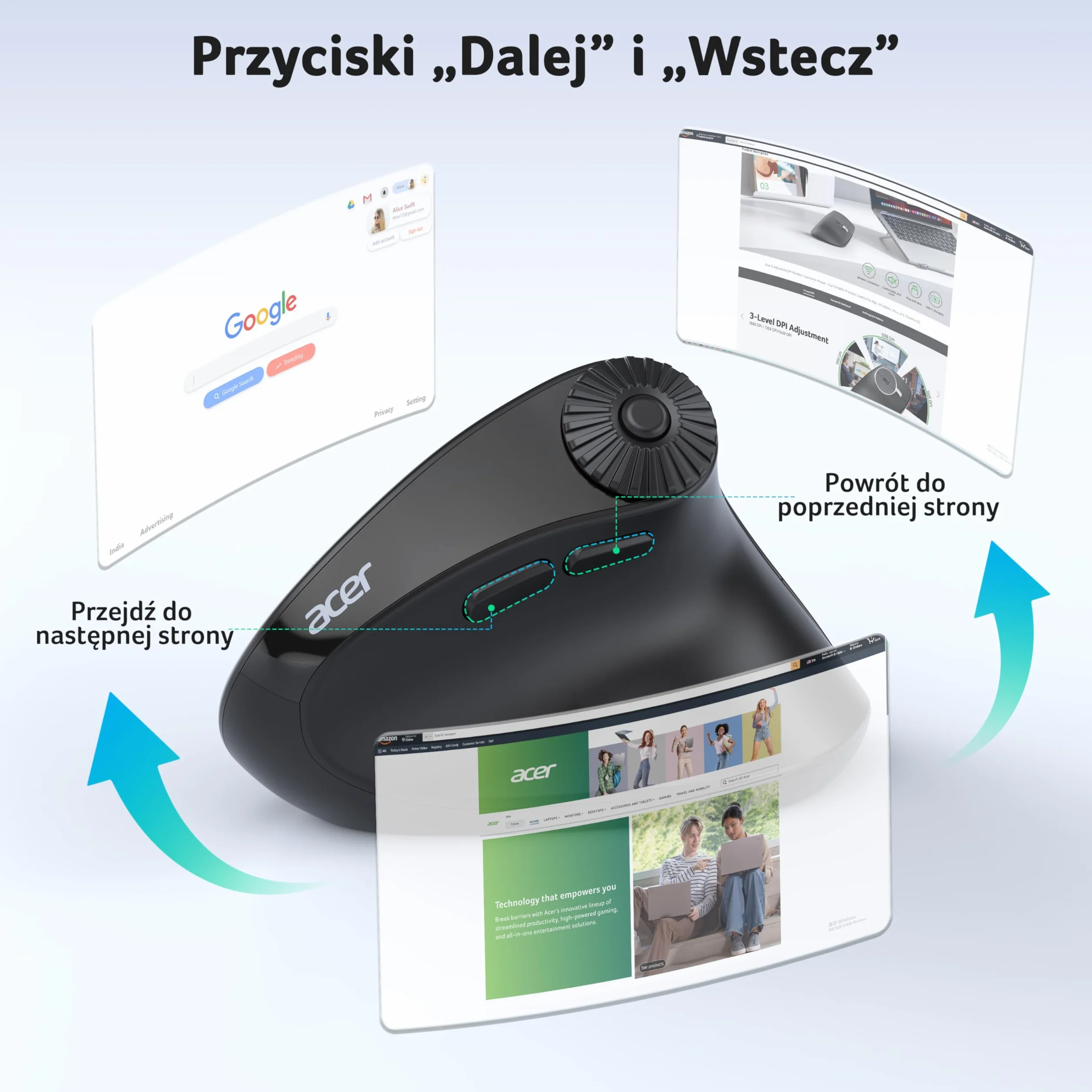 Acer Bezprzewodowa mysz ergonomiczna z bocznym kółkiem przewijania, 4000 DPI mysz Bluetooth do laptopa (BT5.2+2.4GHz), pionowa mysz, dla prawej ręki, 8 przycisków, odbiornik USB do PC, komputerów
