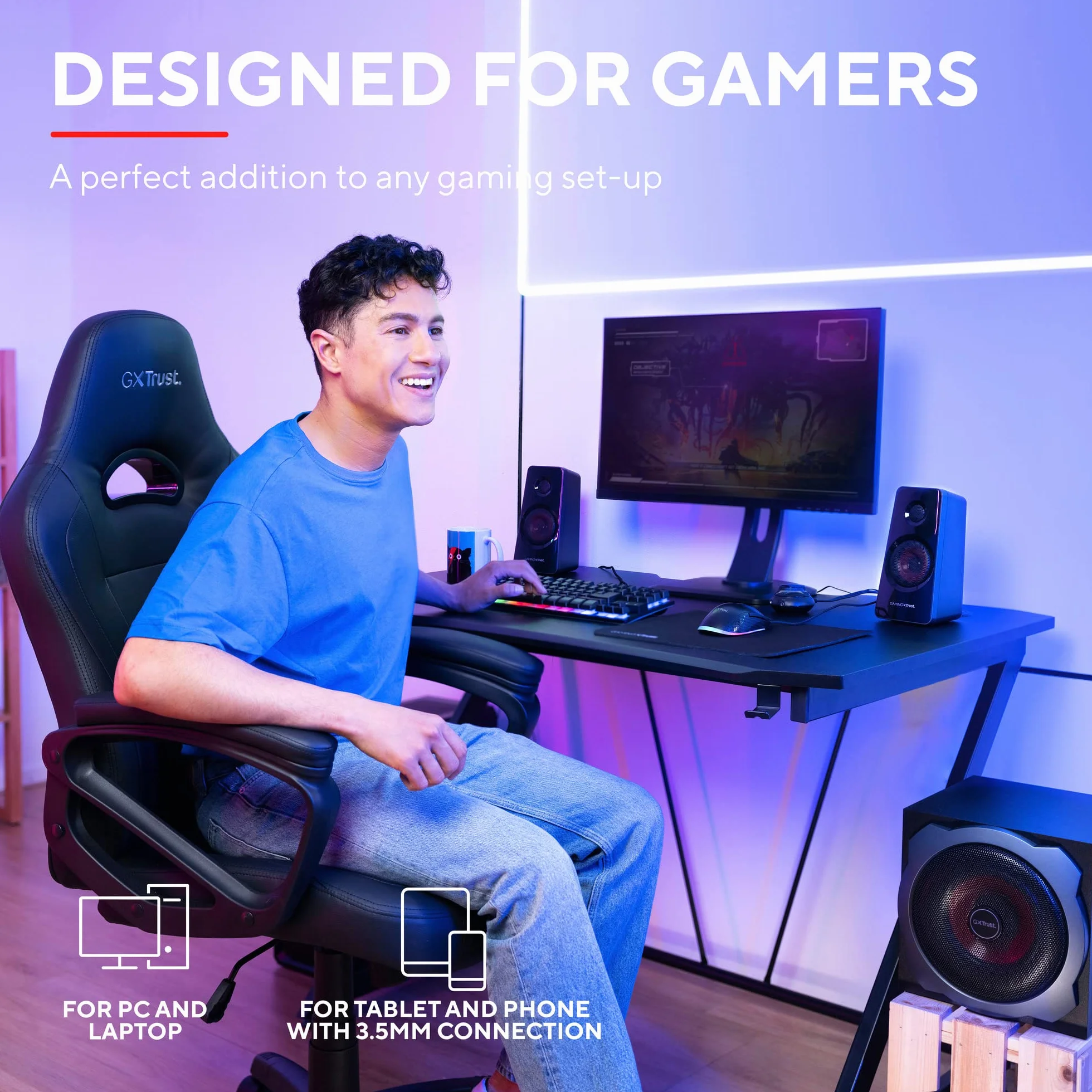 Trust Gaming GXT 38 Głośnik PC Gamer 2.1 z subwooferem, 120 W, inteligentne zarządzanie zasilaniem, regulacja głośności przewodowej, głośnik do komputerów PC i laptopa - czarny/czerwony