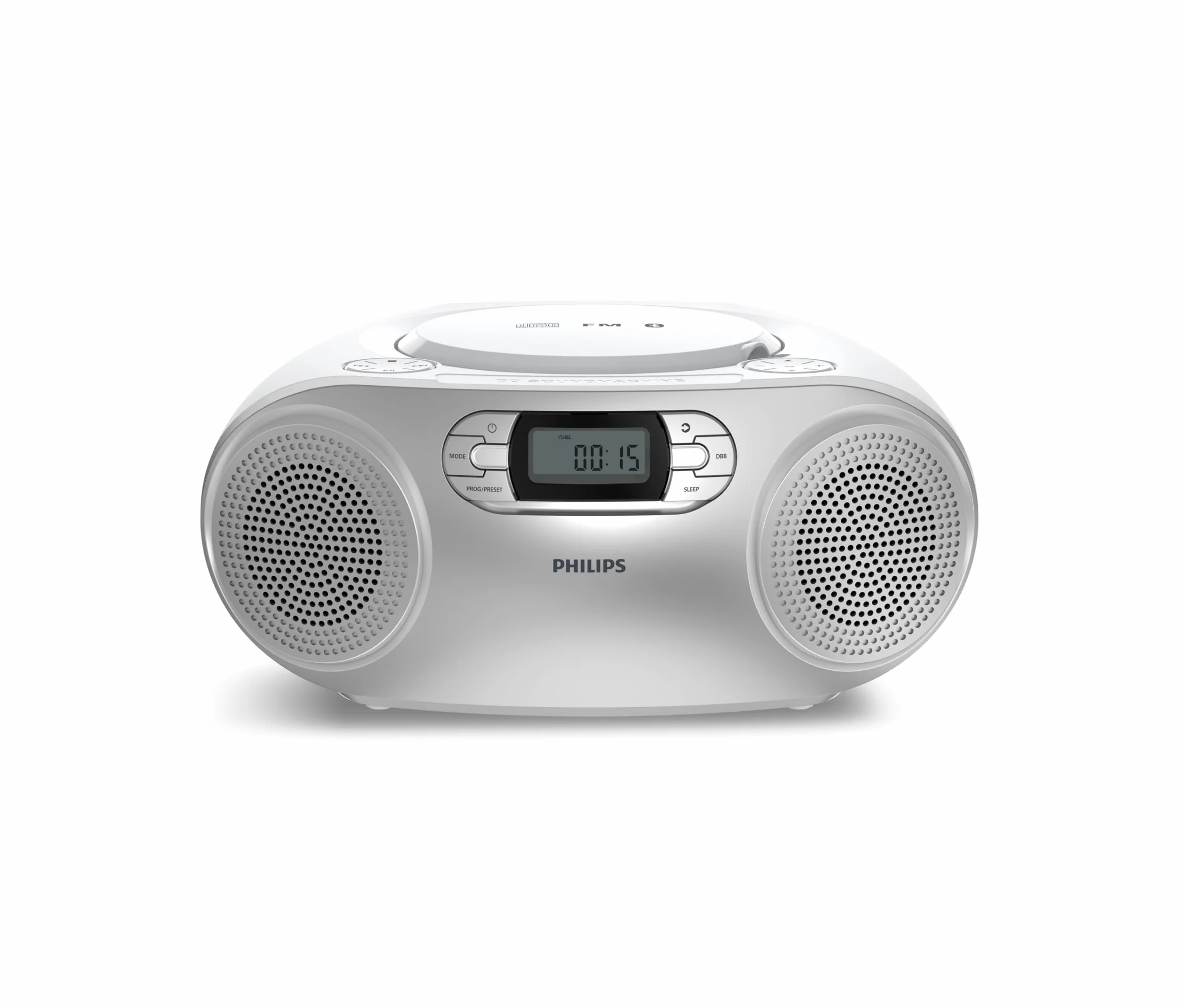 Philips TAZ2000 Przenośny radioodtwarzacz CD z radiem FM, Bluetooth 6.0, odtwarzanie USB, wejście audio, Dynamic Bass Boost, głośniki stereo 6W, zasilanie AC/bateryjne, uchwyt – srebrny