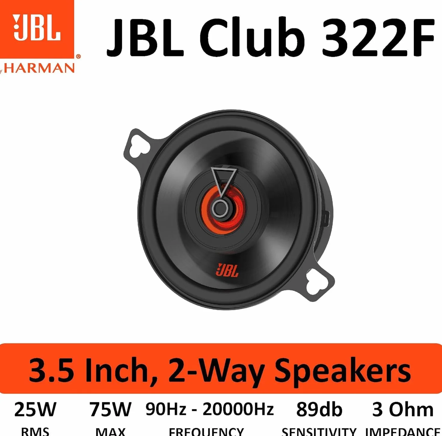 JBL Club 322F 2-drożny zestaw głośników samochodowych, 75 W, Pro Sound Car Audio Box, 3,5 cala