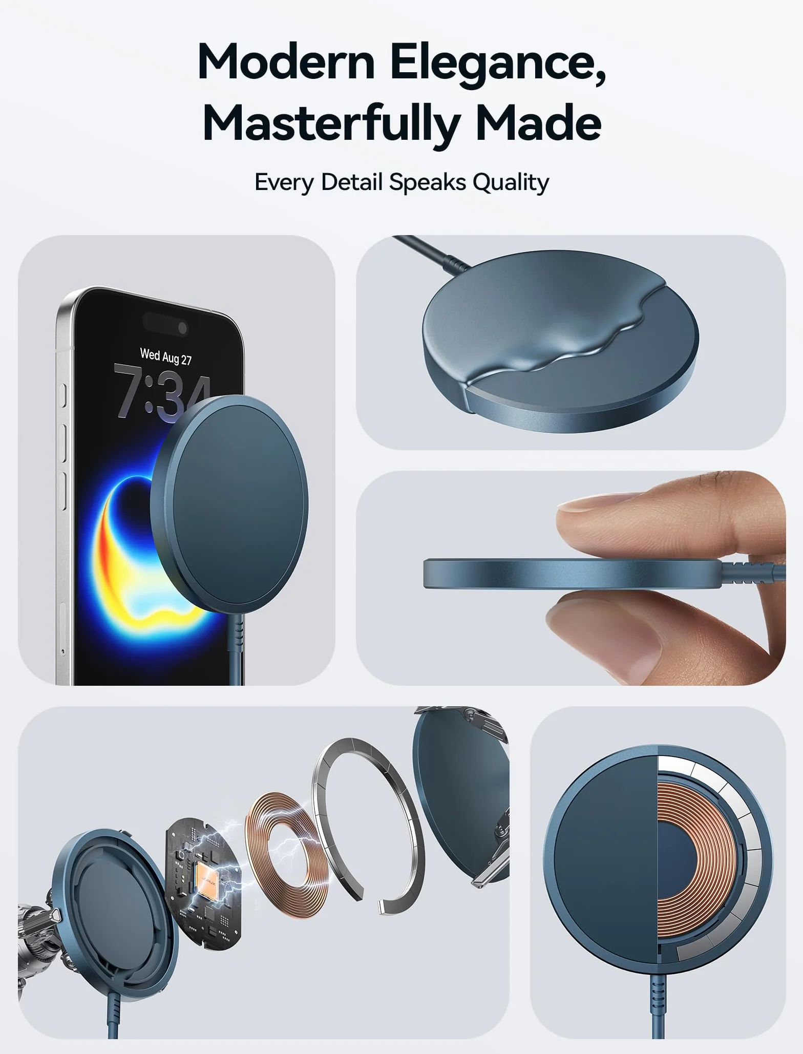 JSAUX Mag-Safe ładowarka 15 W, szybka bezprzewodowa ładowarka magnetyczna kompatybilna z MagSafe iPhone 15/15 Pro/15 Pro Max 14 Plus/iPhone 14 Pro Max/iPhone 13 Pro Max/13 Mini Airpods Pro Niebieski