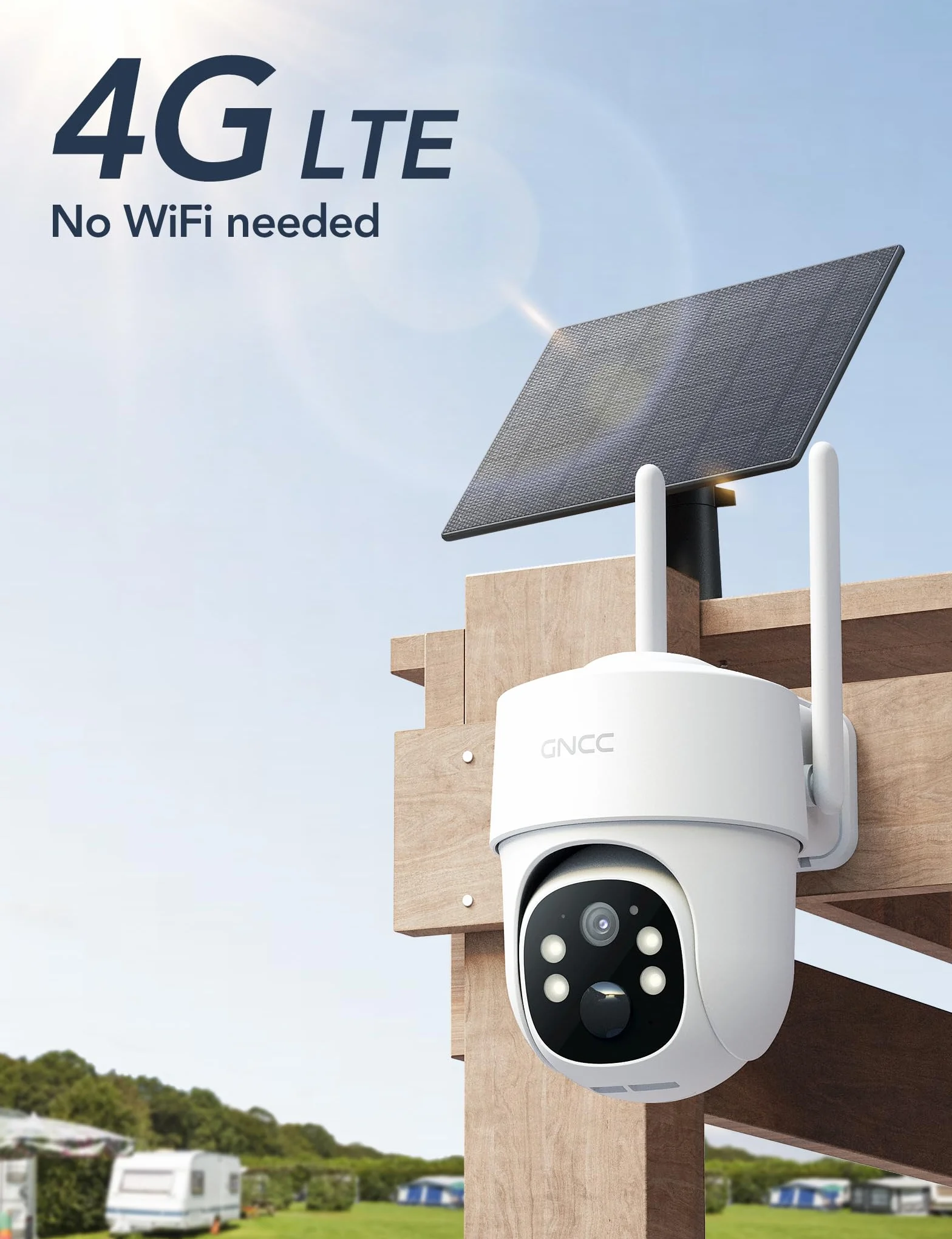 GNCC 4G LTE zewnętrzna kamera monitoringowa solarna z kartą SIM, 2K 3MP kamera monitoringowa na zewnątrz bez WLAN, zewnętrzny akumulator, obrotowa 355°/90°, widok nocny w kolorze/podczerwieni, 2