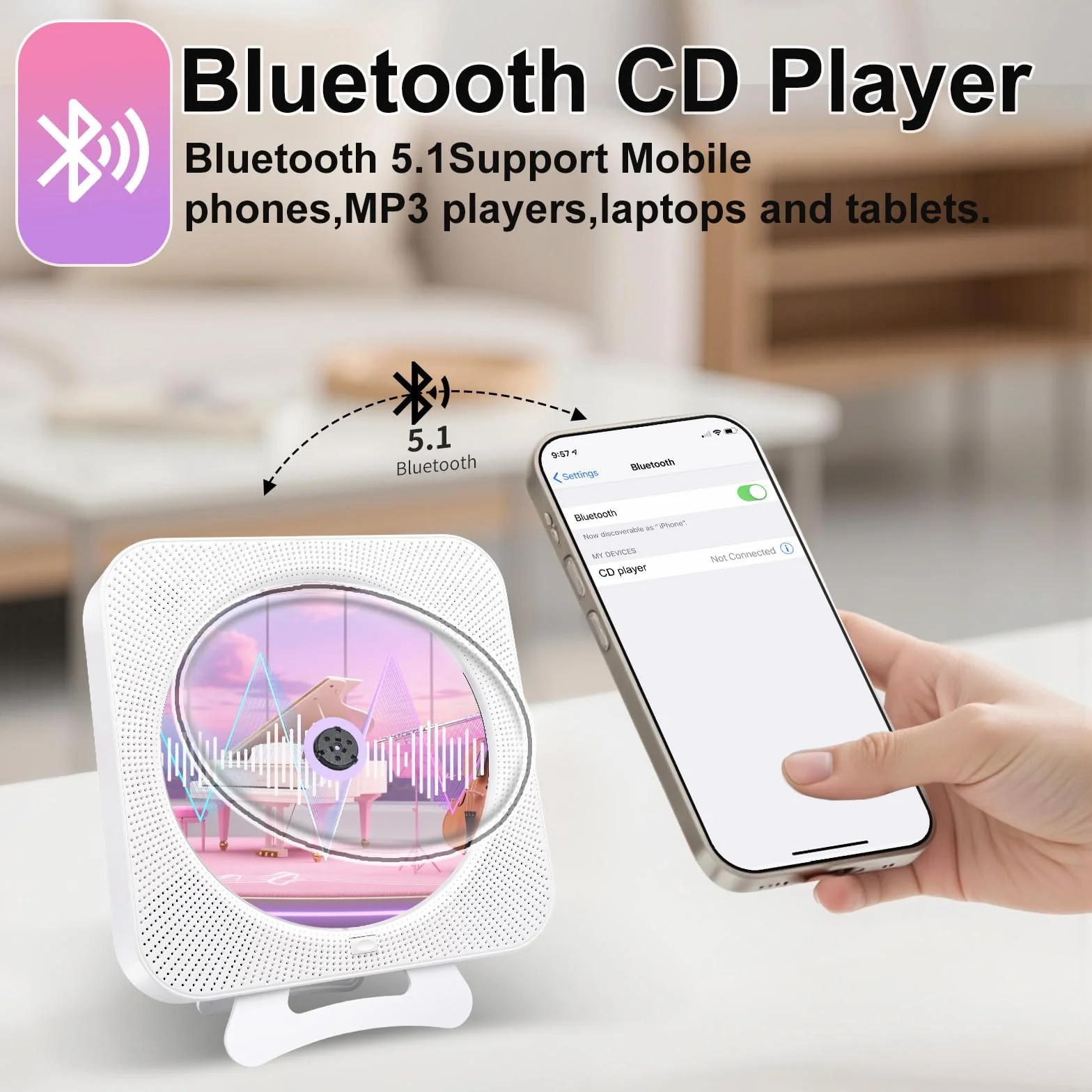 Odtwarzacz CD z Radio Boombox - Canareen Upgrade Odtwarzacz CD Bluetooth z osłoną przeciwpyłową i ekranem LED | Gniazdo AUX 3,5 mm z pilotem Domowe audio Radio FM USB MP3 odtwarzacz muzyki (Biały)