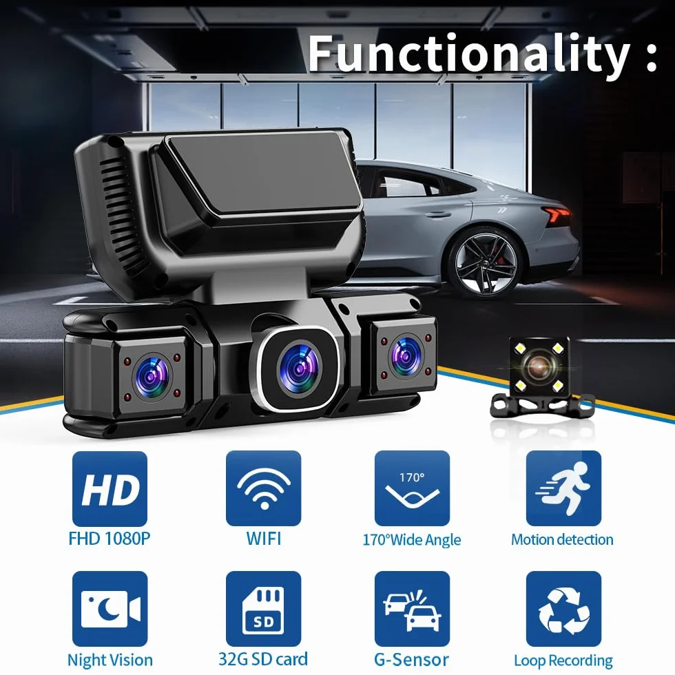360° samochodowy rejestrator DVR WiFi, 4-kanałowy rejestrator wideo z kartą 32 GB, 1080P FHD, widok 360°, kamera samochodowa z przodu i z tyłu, sterowanie aplikacją, monitorowanie parkowania