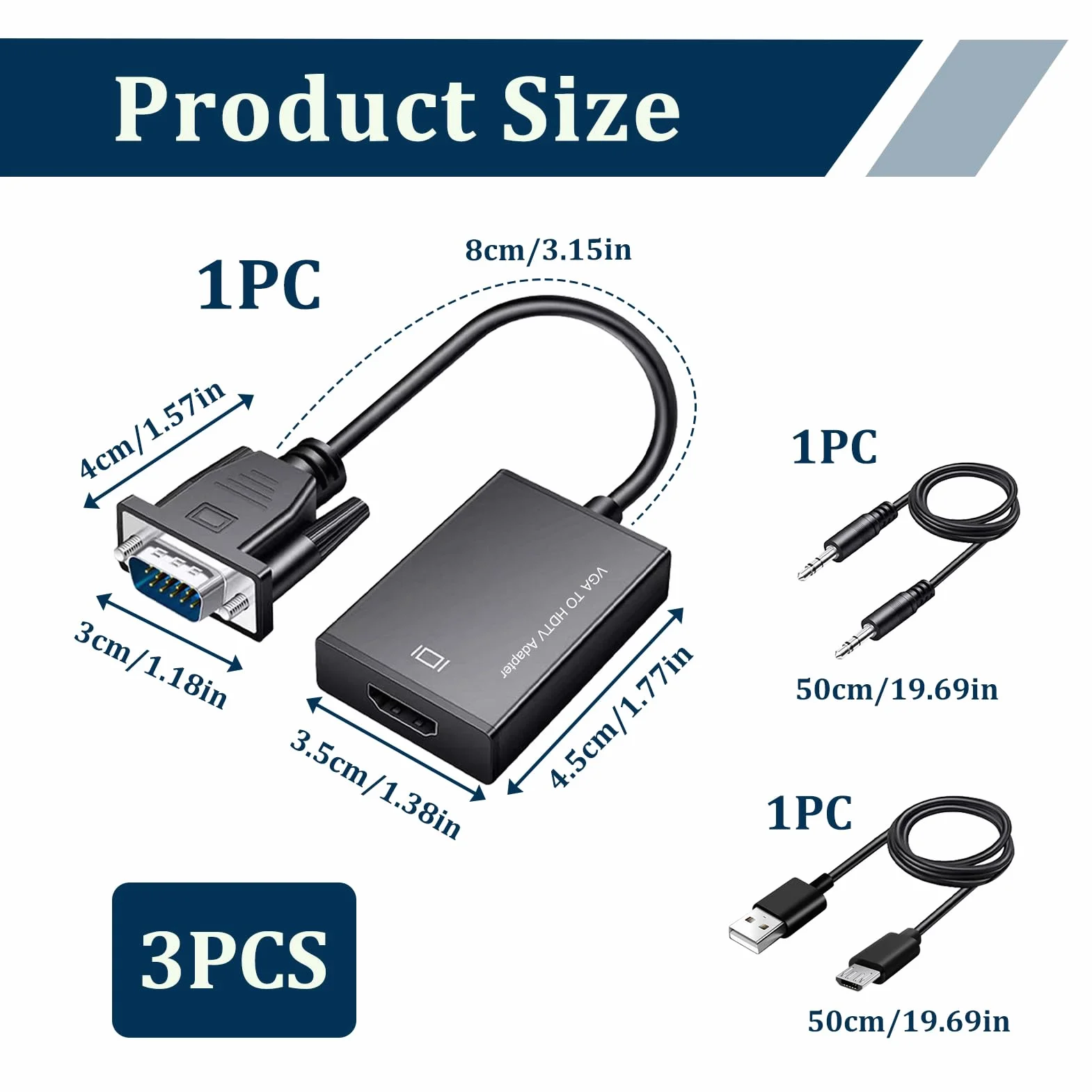 Adapter VGA na HDMI, 1080p, konwerter VGA męski na HDMI żeński z dźwiękiem, jednokierunkowy kabel do laptopa, monitora, projektora, PC na telewizor HD, kompatybilny z audio 3,5 mm + USB