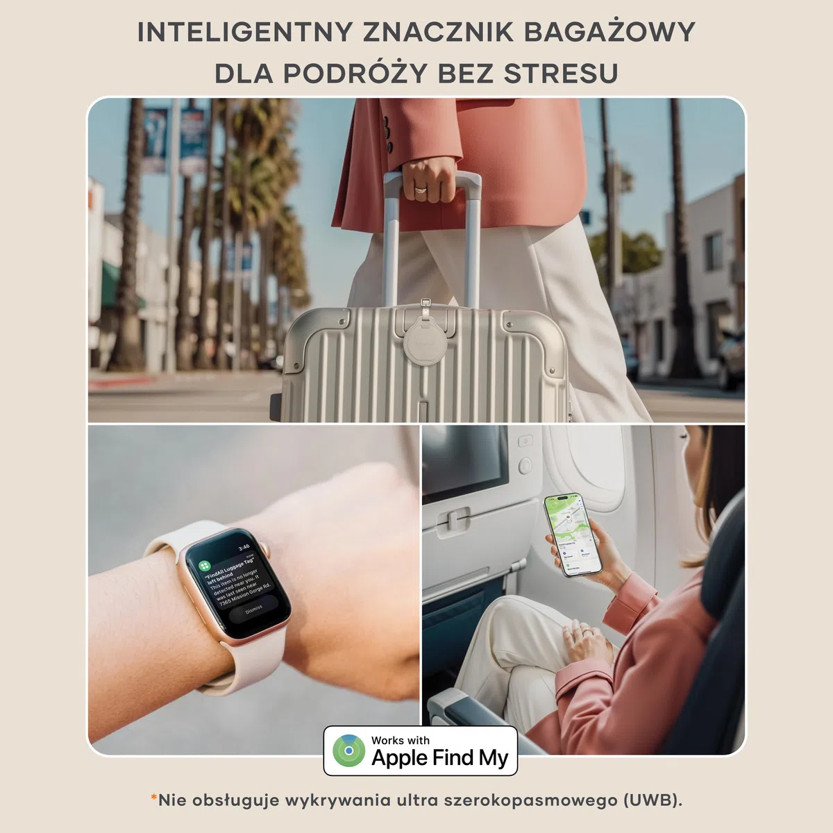 SATECHI FindAll Lokalizator Bagażu Z Funkcją Apple Find My, Ładowaniem Bezprzewodowym, Alertami Dźwiękowymi I GPS-Em Do Bagażu I Plecaka, Do iPhone 17 16 15, iPad, Mac I Innych Urządzeń – Beżowy