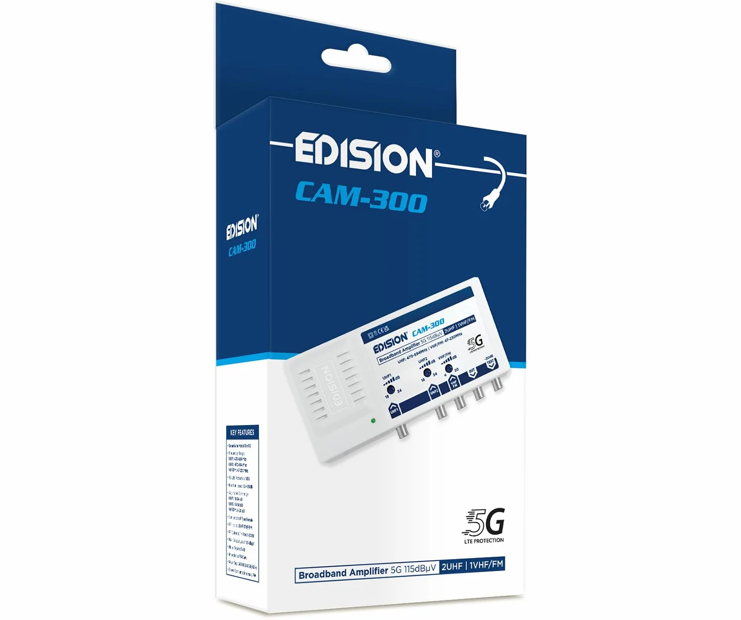 EDISION CAM-300 wzmacniacz anteny telewizyjnej, centralny szerokopasmowy, 2UHF, 1VHF/FM, 18-34 dB regulowany, 115 dBmV, do cyfrowej naziemnej DVB-T/T2, z filtrem 5G LTE, UHF 470-694 MHz, VHF/FM 47-230