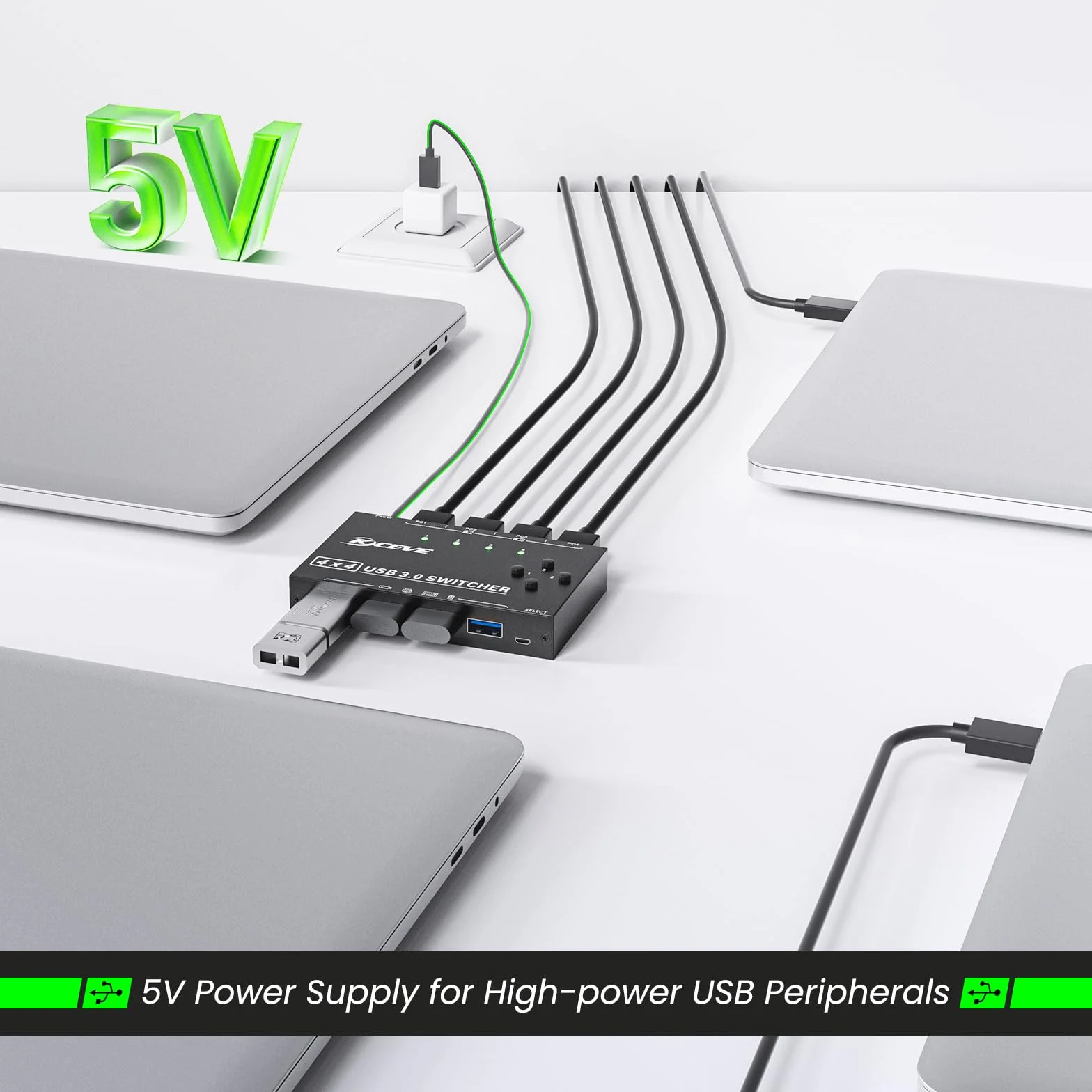 Przełącznik USB 3.0 do 4 komputerów, YOUTINGHDAV 4 wejścia i 4 wyjścia, Switch USB 3.0, do klawiatury, myszy, drukarki, skanera, z przewodowym pilotem i 4 kablami USB 3.0