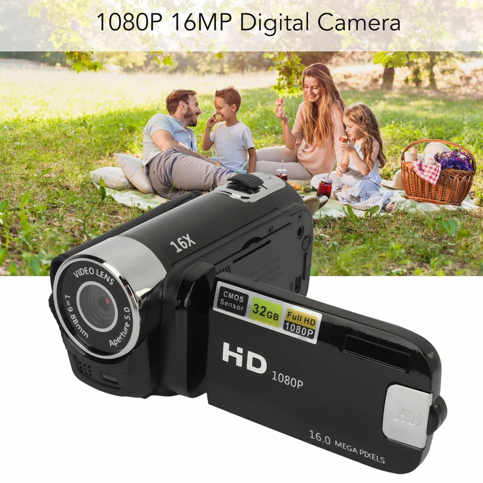 Kamera Wideo Kamera Cyfrowa 1080P 16 MP Kamera z Obrotowym Ekranem 2,4 Cala Kamera z 16-krotnym Zoomem Cyfrowym i światłem Wypełniającym (BLACK)