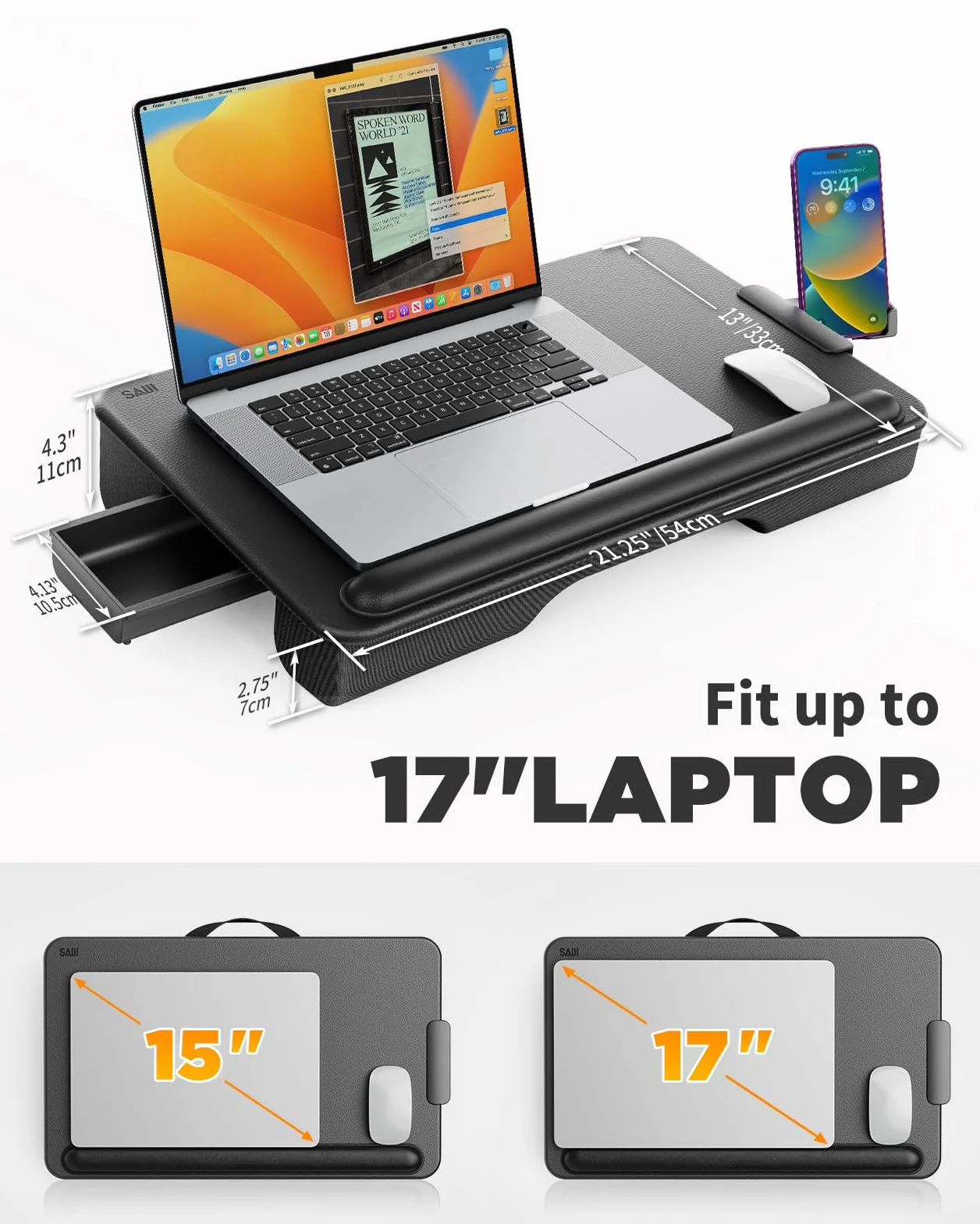 SAIJI Taca na laptopa antypoślizgowa skórzana 54 x 33 cm duża z szufladą podpórka pod nadgarstek uchwyt na telefon
