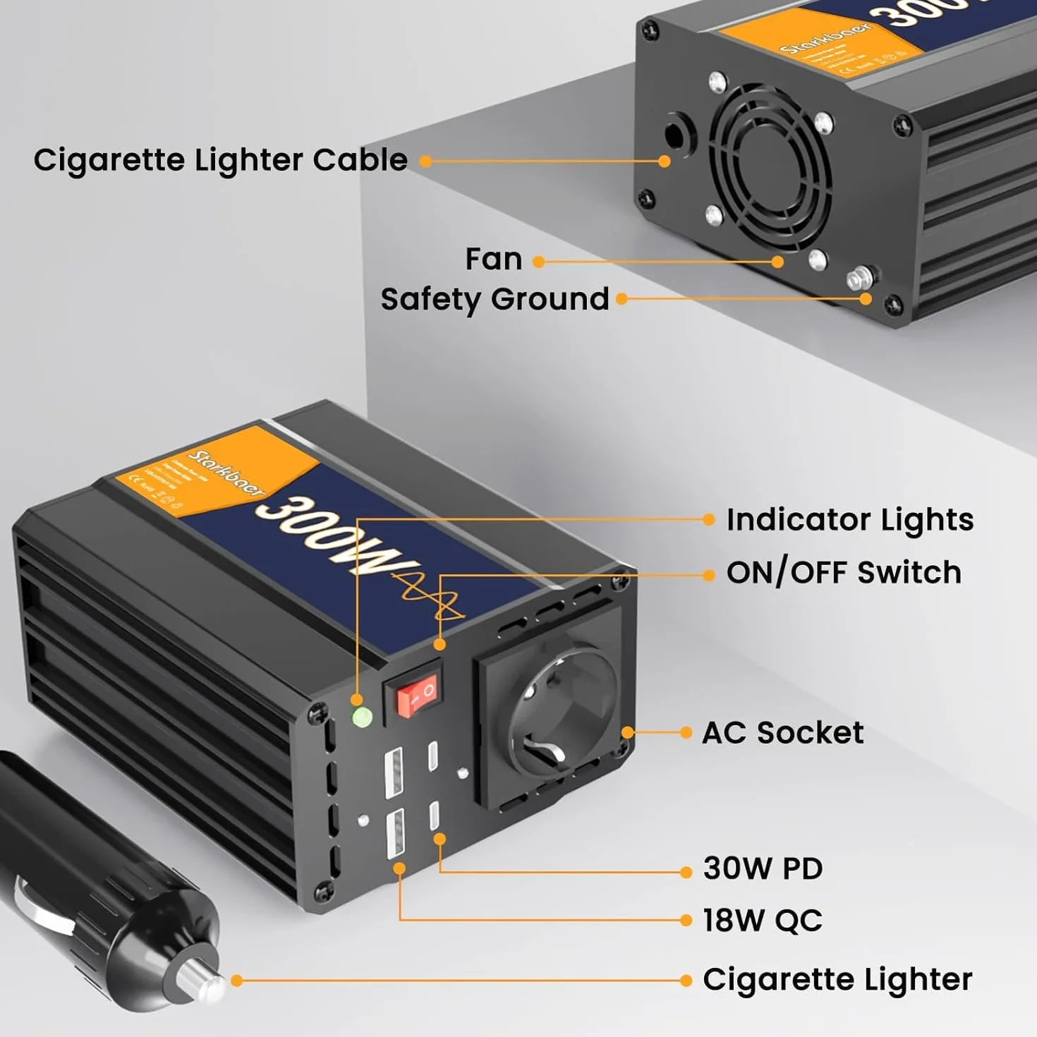 Przetwornica napięcia 300 W/600 W, czysta sinusoidalna 12 V na 230 V, falownik samochodowy Pure sine, 4 x USB i 1 x AC gniazdo wtykowe przetwornik prądu. Wtyczka do zapalniczki samochodowej