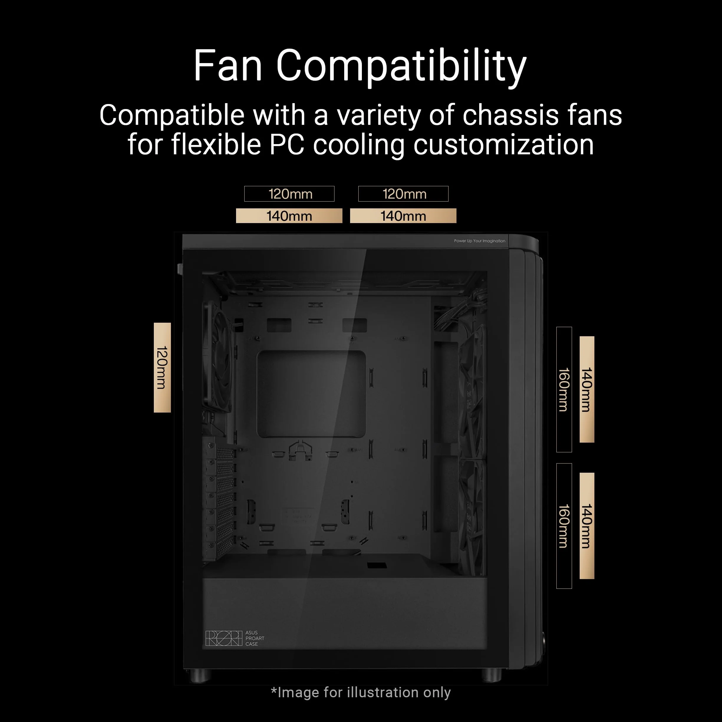 ProArt PA401 Metal PWM Black ATX Mid-Tower (podwójne ostrza wentylatora pierścieniowego 160 mm, Left-Side Lock, blokada przycisku zasilania i resetowania, odłączany uchwyt na PSU)