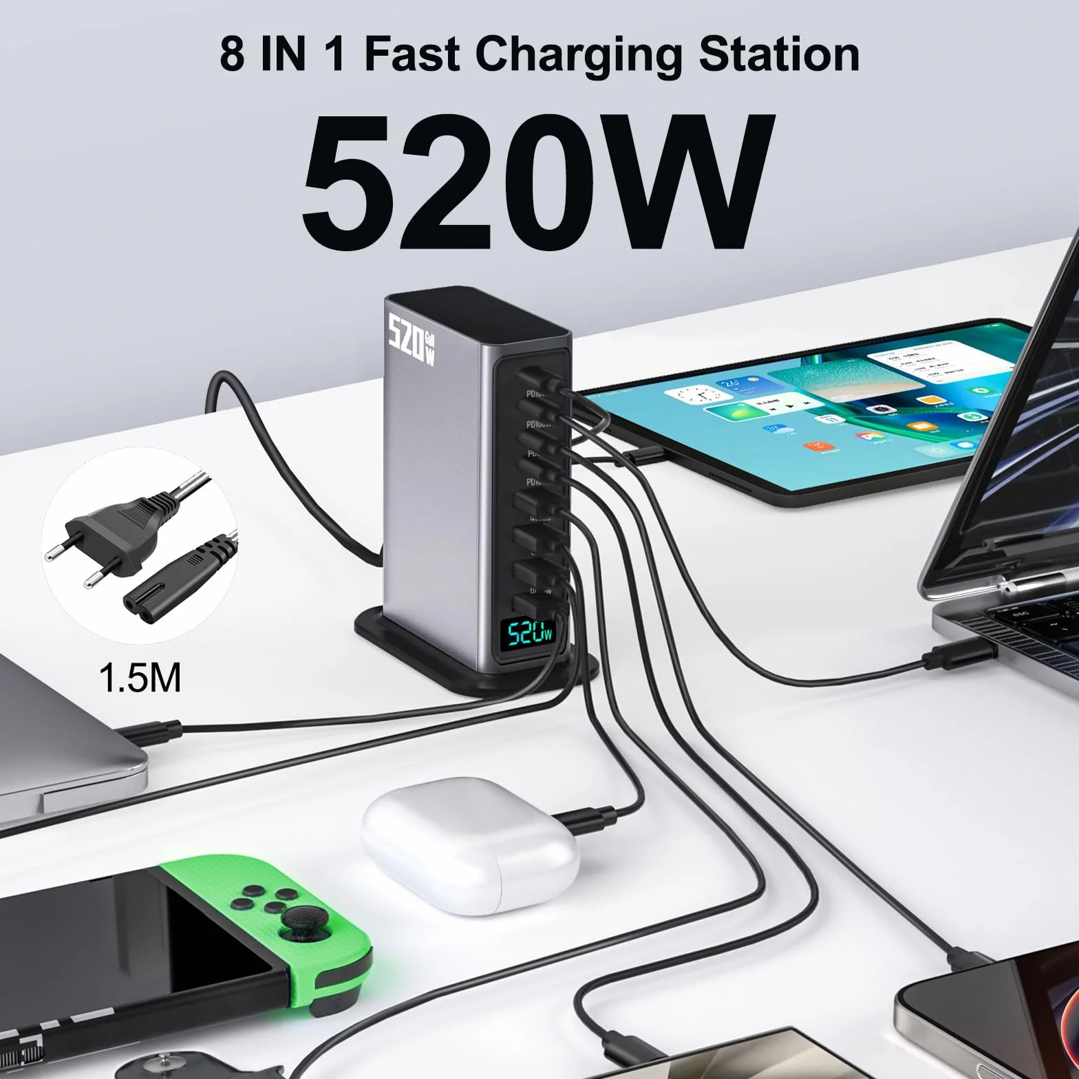USB C Charger Block 520W 8 Port GaN Fast Charging Station Hub for Laptop, iPad, iPhone 16 Pro Max, Samsung Galaxy S25, Pixel, DELL, MacBook Pro/Air, Steam Deck USB C Charger Adapter for Android