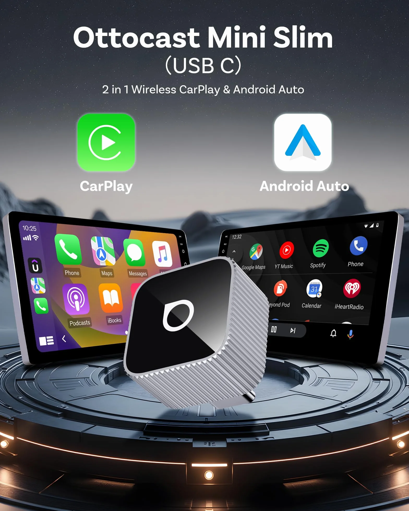 OTTOCAST Mini Cube 3.0 USB C bezprzewodowy adapter CarPlay Android Auto 2026 - Plug & Play srebrny