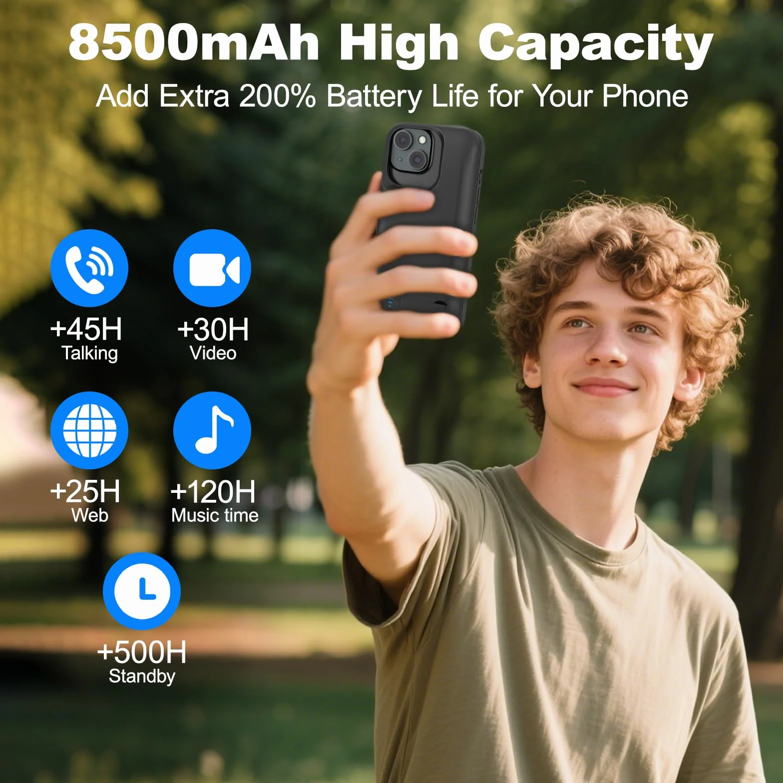 Etui na baterię do iPhone 15, prawdziwe 8500 mAh, wąskie, ładowalne, rozszerzona ładowarka, etui do ładowania ze stojakiem, przenośny powerbank ochronny do iPhone 15, 6,1 cala – czarne