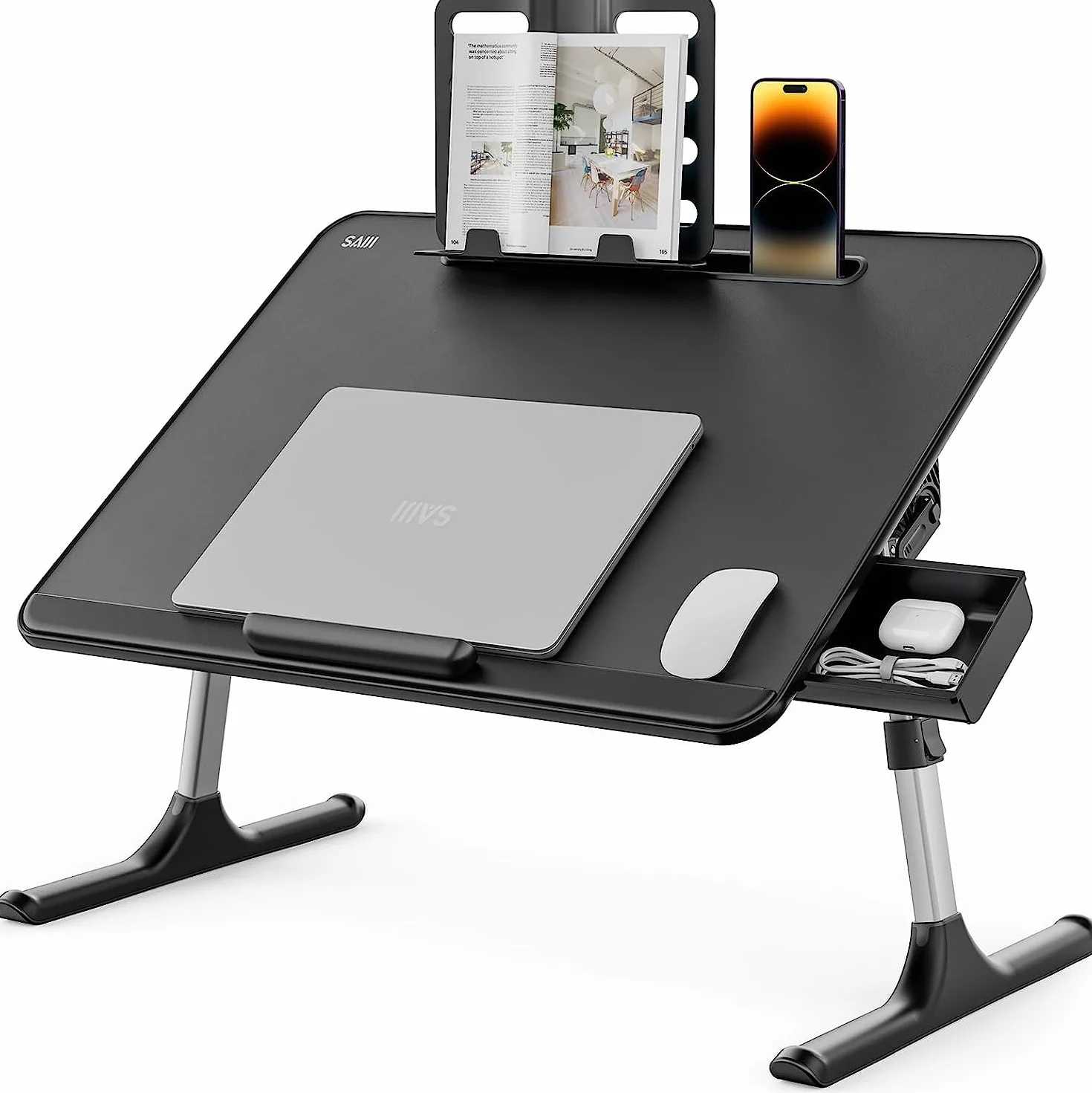 Biurko na laptopa, SAIJI 60 x 40 cm, stolik do laptopa, z regulacją kąta wysokości, ze stojakiem na książki, szufladą, gniazdem na tablet, taca na łóżko śniadaniowe na sofę, łóżko