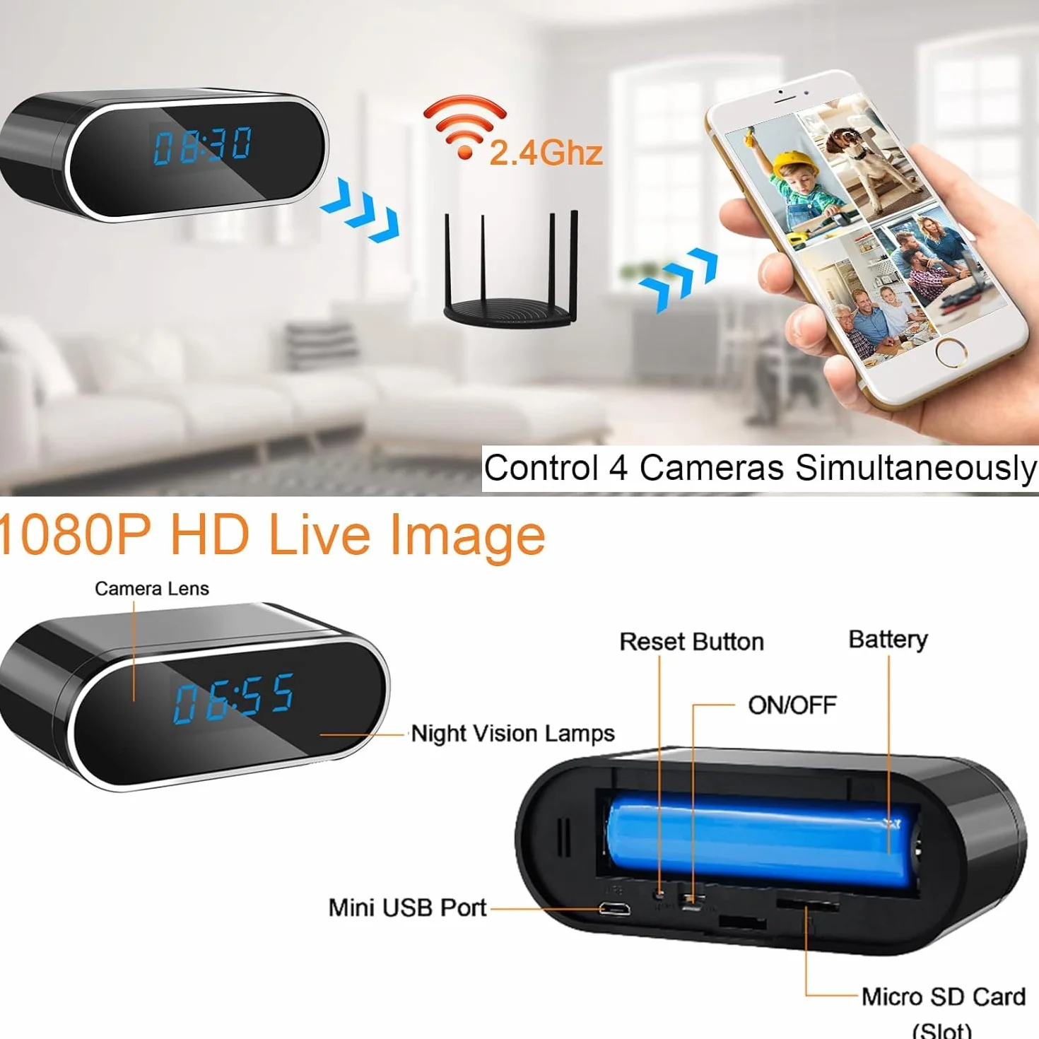 Budzik HD Kamera szpiegowska 4K - 1080P Mini DV WiFi z noktowizorem Pętla detekcji ruchu Ukryte nagrywanie szpiegowskie Bezprzewodowa kamera
