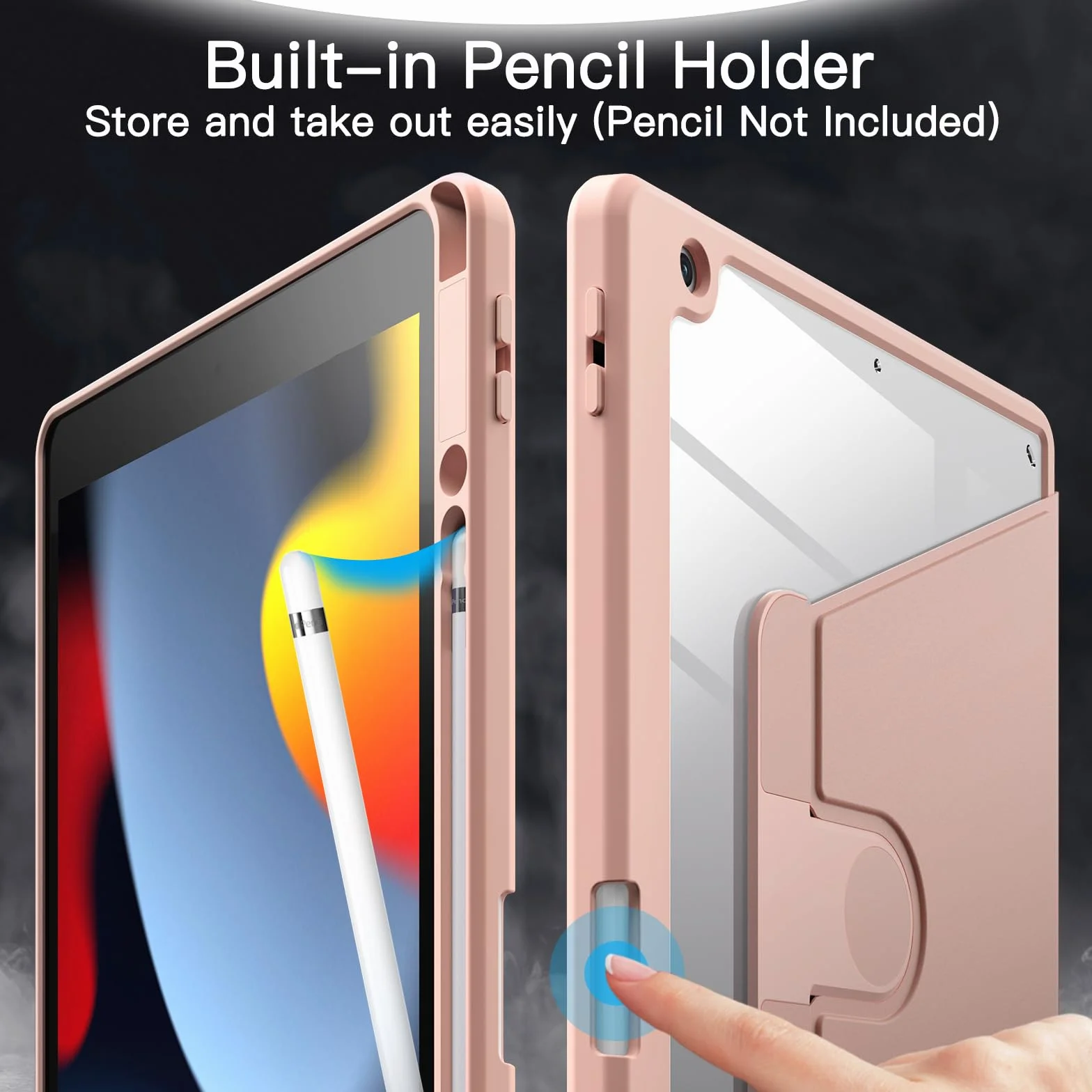JETech Obrotowe Etui dla iPad 9/8/7 (10,2 Cala, Modelu 2021/2020/2019, 9./8./7. Generacji) z Pencil Uchwyt, Case z Obrotowa o 360 Stopni Pokrywa Stojaka Ochronnego Przezroczysty Tył (Różowe Złoto)