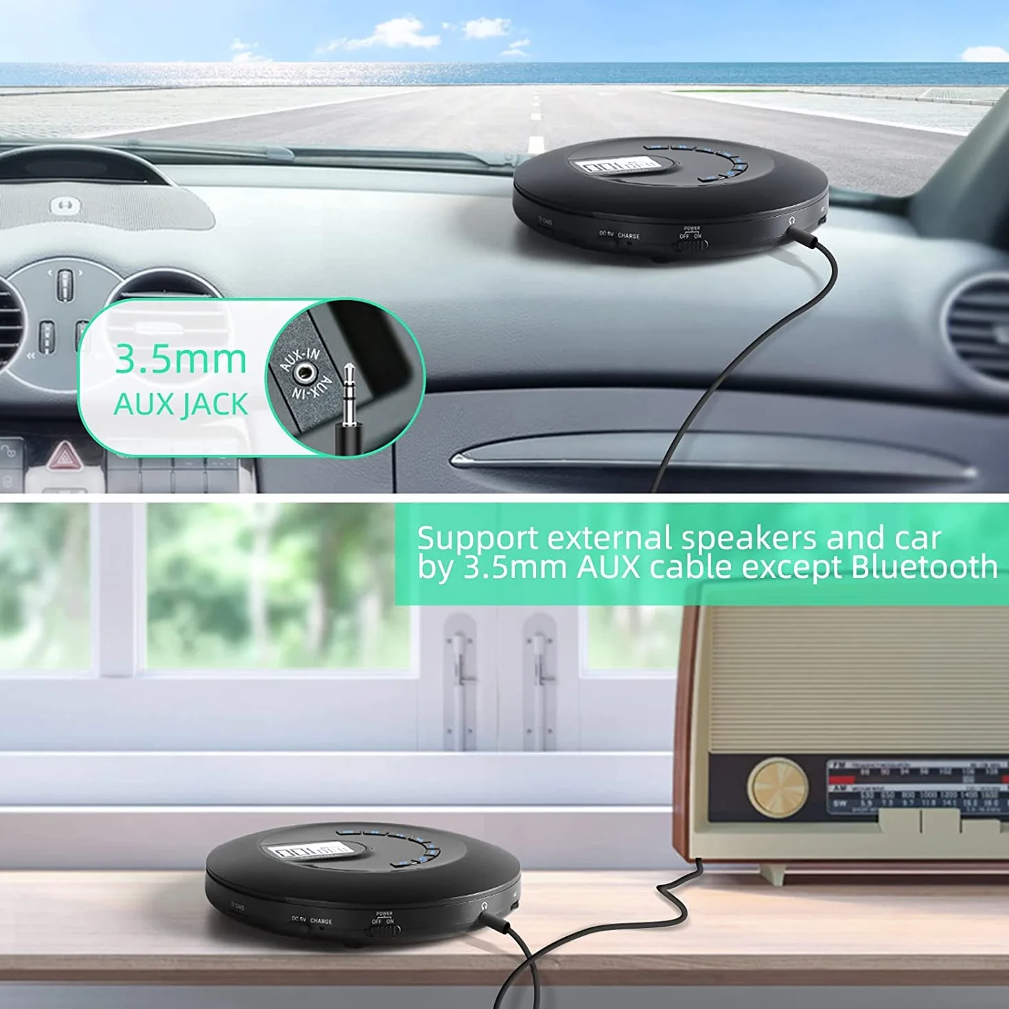 Portable Rechargeable CD Player with Anti-Skip, LCD Display, AUX, Headphones for Car Travel