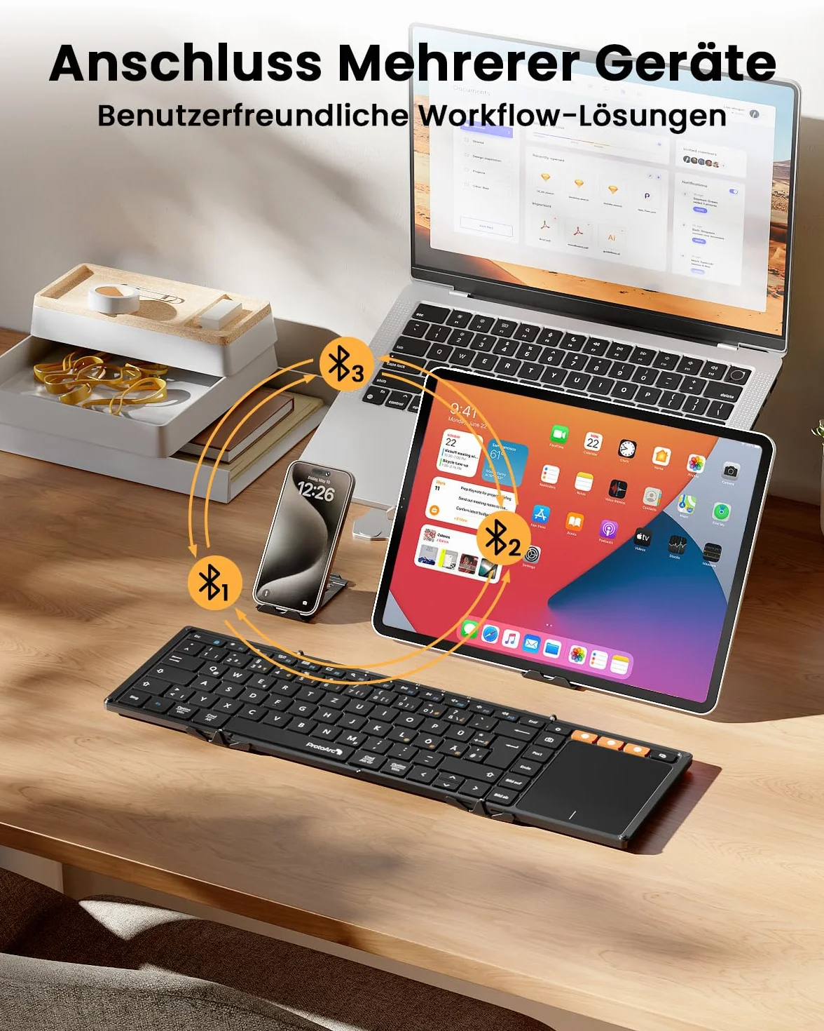 ProtoArc XK01 TP klawiatura Bluetooth składana z touchpadem, bezprzewodowa klawiatura składana QWERTZ niemiecka z dużym touchpadem dla iPad, iOS, Android, Windows Laptop PC Tablet - Czarny