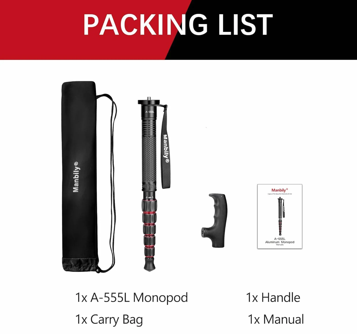 Manbily Monopody do aparatów z uchwytem, monopod, laska, 155 cm, przenośny, kompaktowy, podróżny, monopod ze stopu aluminium, kij do selfie, 6 sekcji, 7 kg, do lustrzanki cyfrowej, kamery wideo