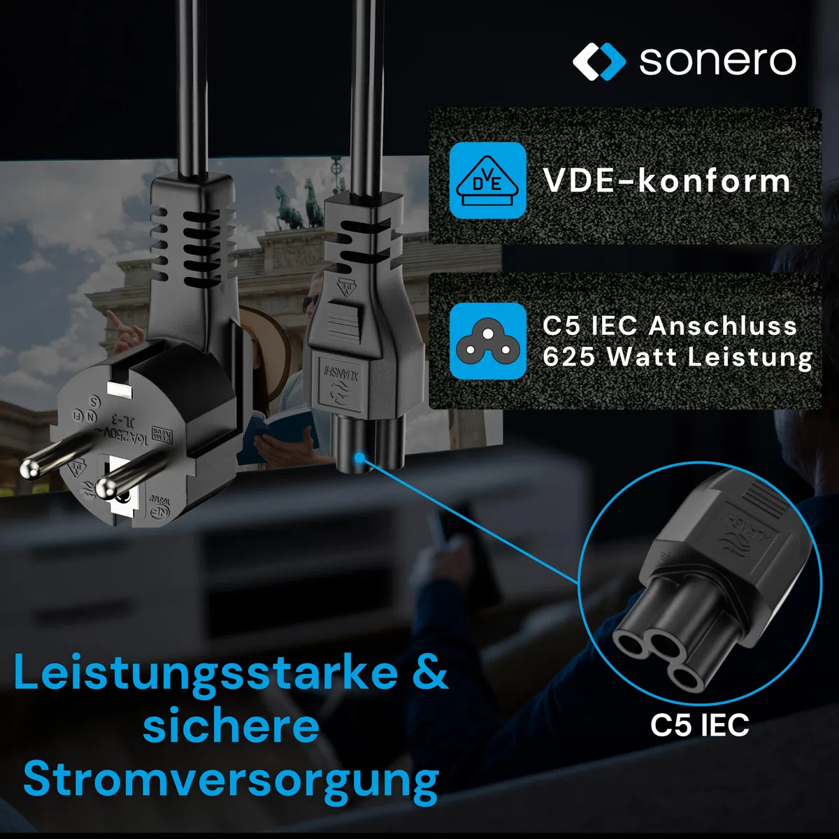 sonero Kabel zasilający 3-biegunowy, 1,0 m, wtyczka ze stykiem ochronnym, wtyczka sieciowa do gniazda C5, kabel sieciowy zasilacz sieciowy kabel zasilający do monitora PC laptopa, czarny