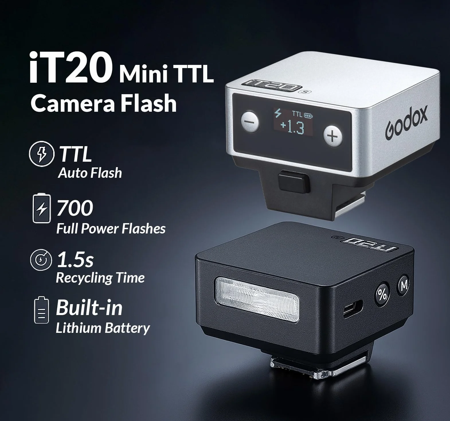 Godox IT20S lampa błyskowa TTL mini flash do Sony Alpha A9 III A7 III A7C II A7 IV A7C A7R V A7 A7S III A6700 A6400 A6600 ZV-E10 II czarna