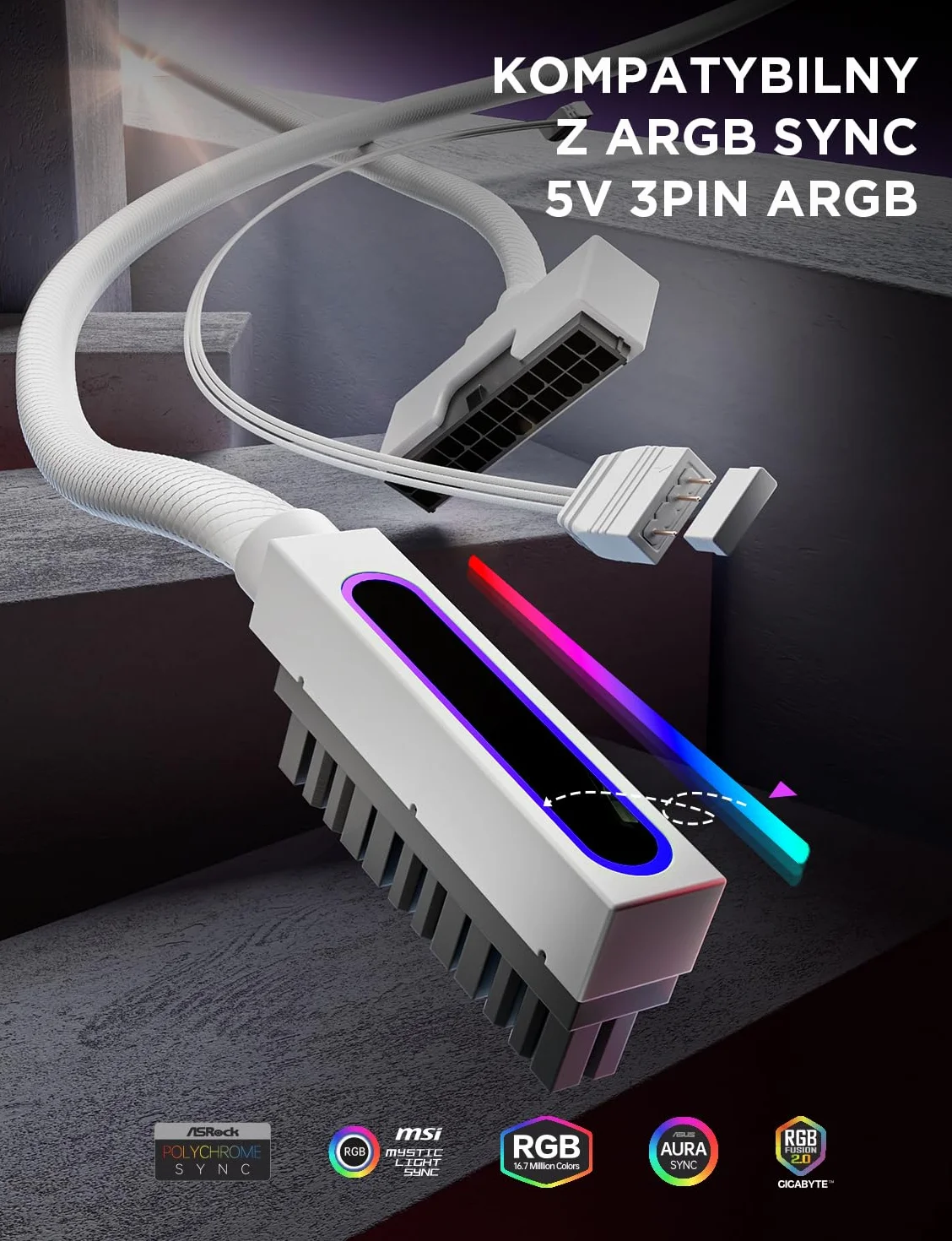 AsiaHorse Hydrus 24-pinowy przedłużacz kabla PSU L, PC 24-pinowy kabel Sleeved Cable do 24-pinowego ATX [18AWG], zasilacz Cable Extensions, 5 V 3 Pin ARGB SYNC HYDRUS-24PIN-WHITE-T-30CM