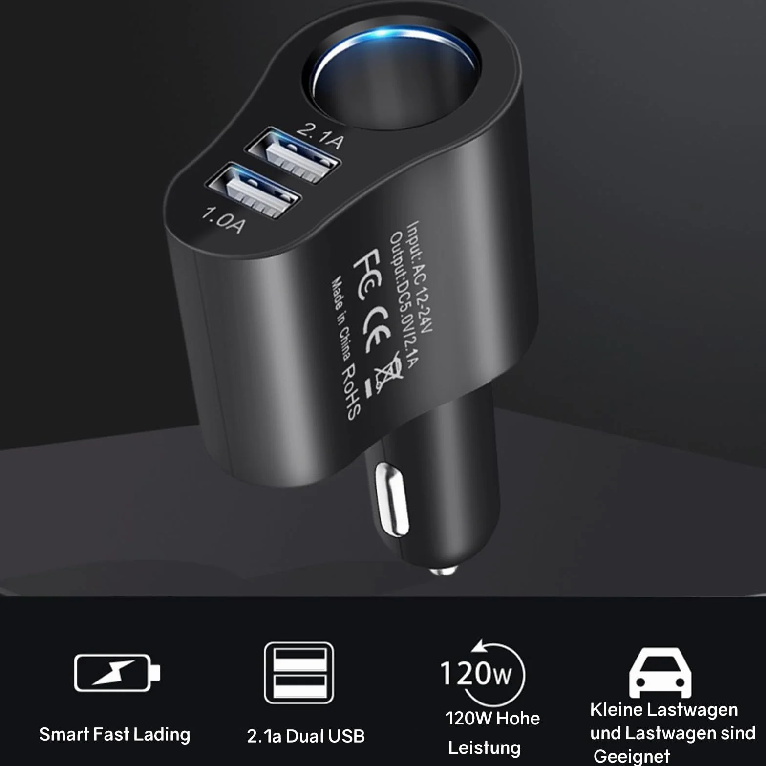 Powice Adapter do gniazda zapalniczki samochodowej 3 w 1, rozdzielacz USB, 12 V, ładowarka samochodowa, rozdzielacz zapalniczki samochodowej 12 V/24 V DC 120 W z podwójnym portem USB do 16 15 14 13 12
