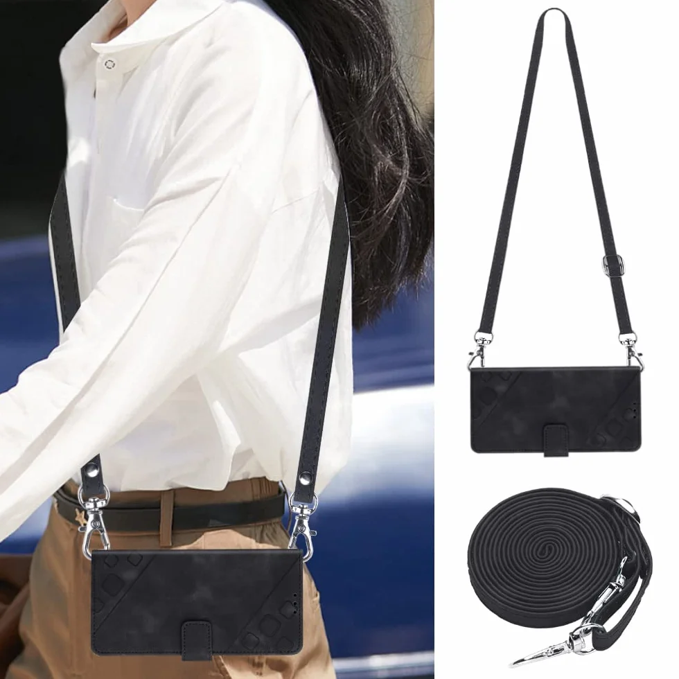 Etui kompatybilne z Samsung Galaxy A7 2018/A750, etui typu crossbody do Samsung Galaxy A7 2018/A750, magnetyczne etui z klapką, z regulowaną smyczą na szyję, smycz, przegródki na karty (czarne)