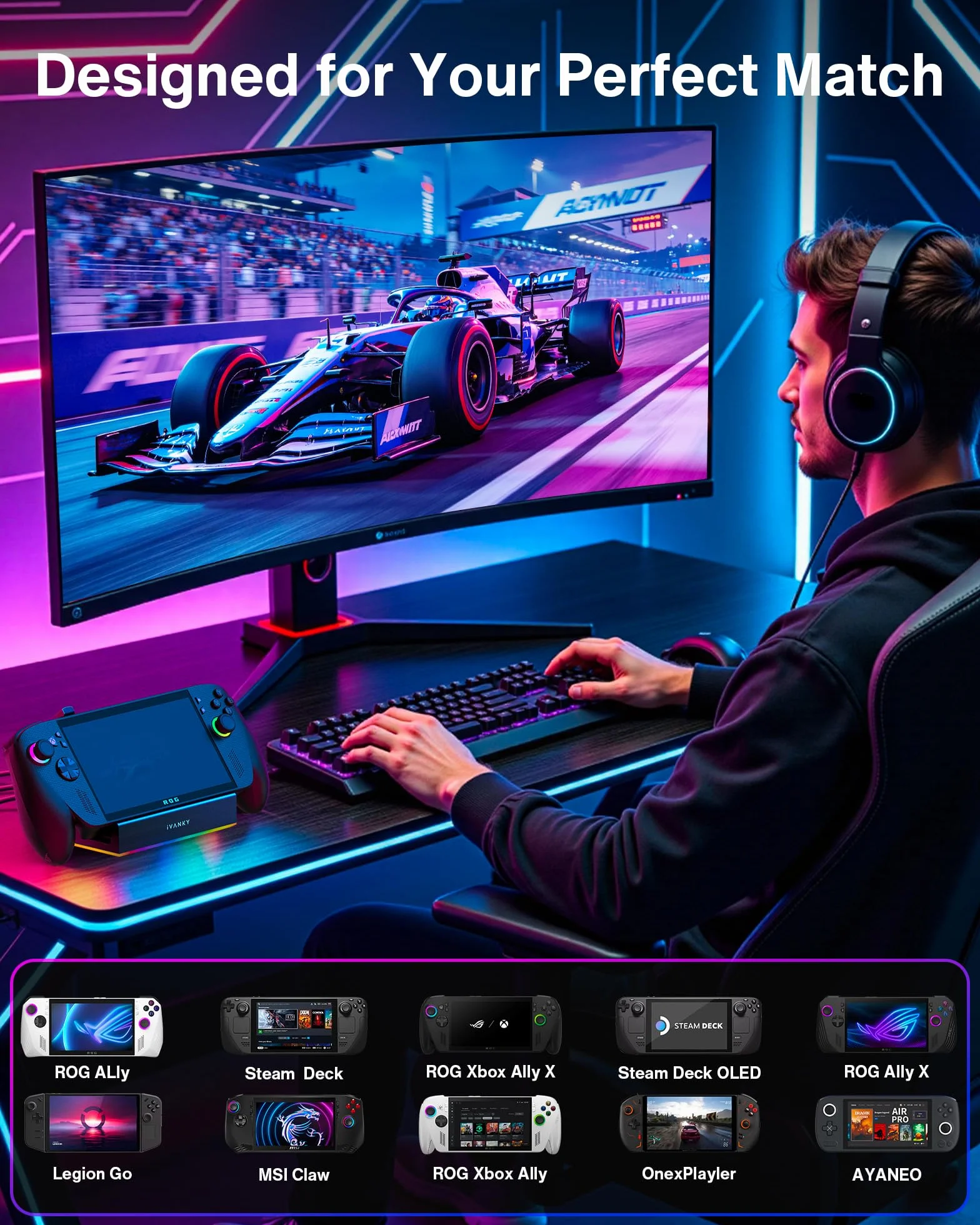 iVANKY 14-in-1 RGB ROG Ally Dock met HDMI 2.1 4K@120Hz, 1Gbps Ethernet, USB 3.2 10Gbps, gniazdka SD/TF, 100W USB-C Opladen, Docking Station Compatibel met ASUS Alloy/Legion go/Valve Steam Deck