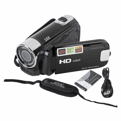 Ręczna Kamera Wideo, Kamera DV 1080P 4K 48MP 16x Cyfrowa Kamera Wideo Vlogging 2,7-calowy Obrotowy Ekran TFT LCD (BLACK)