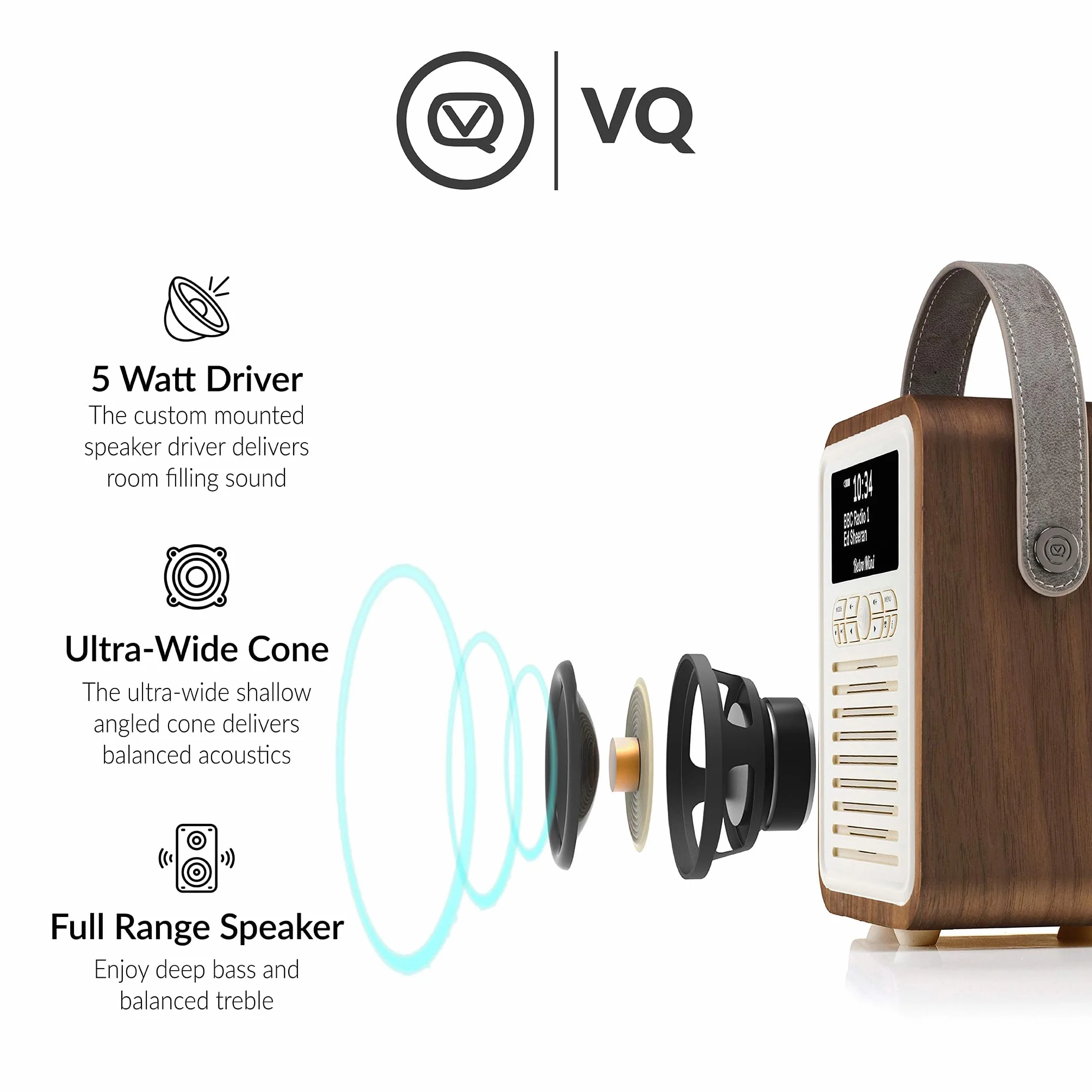 VQ Retro Mini DAB Plus/DAB Radio z Bluetooth, FM i Funkcją Budzika - Zasilane z Sieci i Baterii Przenośne Radio z Anteną, Gniazdkiem Słuchawkowym i Portem USB do Ładowania - Orzech