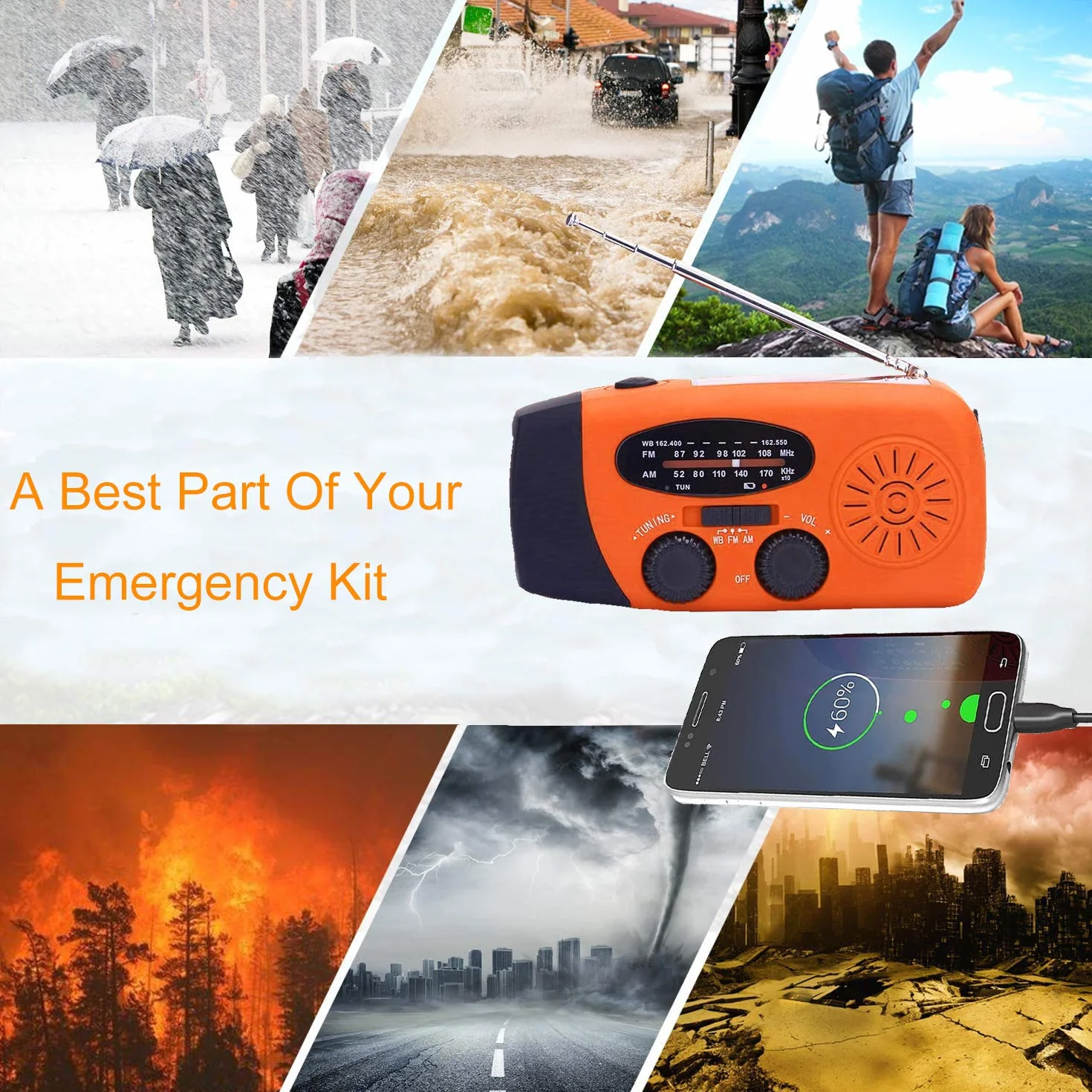 Radio solarne przenośne AM/FM z korbą powerbank 2000 mAh latarka LED na kemping