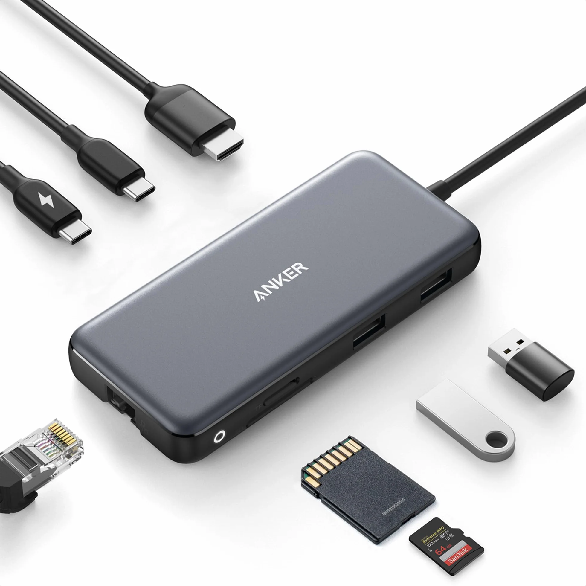 Anker Adapter PowerExpand 8 w 1, 100 W Power Delivery, 4 K 60 Hz, HDMI, 10 Gb/s USB-C i 2 porty USB A, port Ethernet, micro SD i SD, dla MacBooka Pro i innych