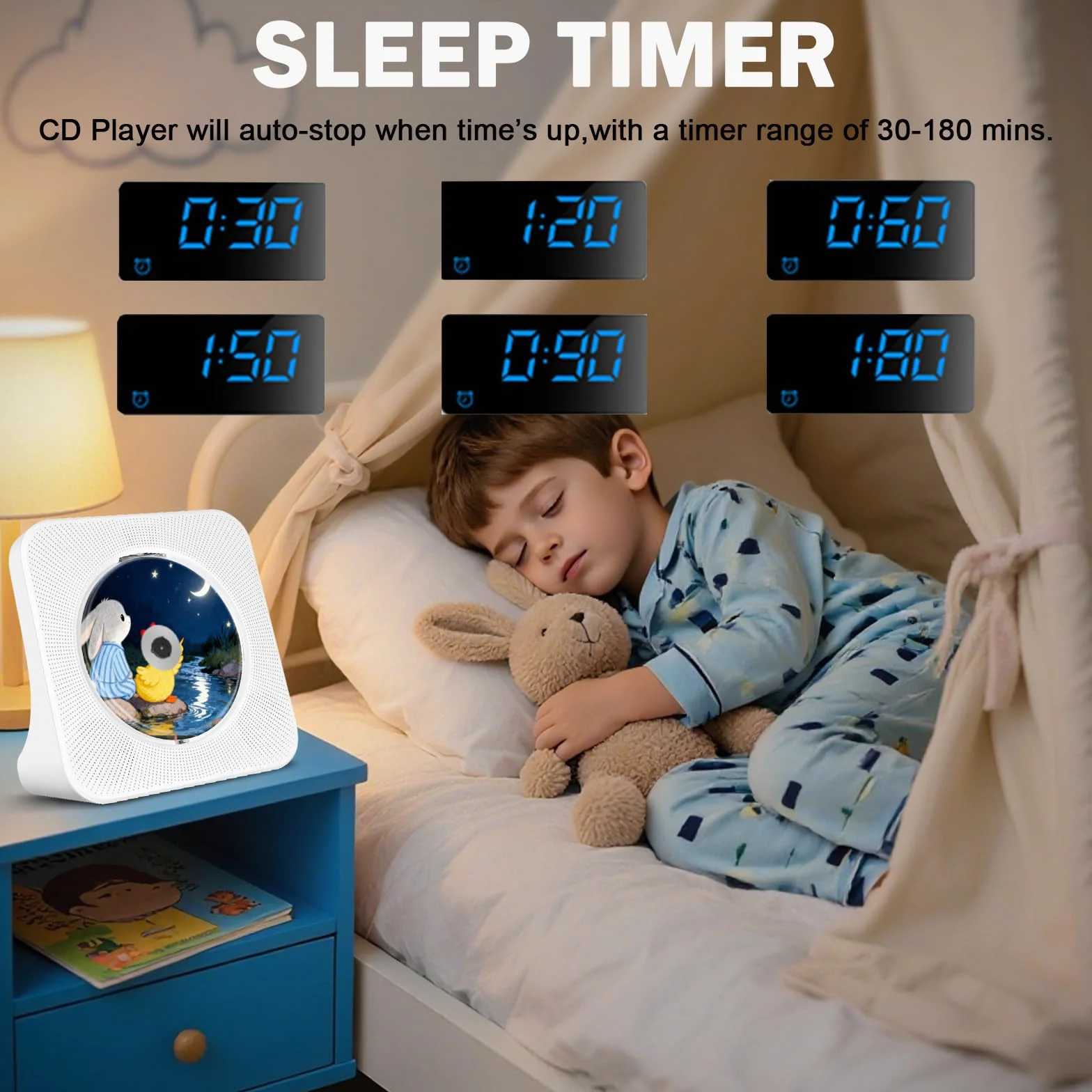 Przenośny odtwarzacz CD, Bluetooth, odtwarzacz CD z podwójnym głośnikiem, obsługuje ustawienia timera/radio USB/AUX/FM, połączenie ze słuchawkami Bluetooth lub głośnikami, pilot zdalnego sterowania