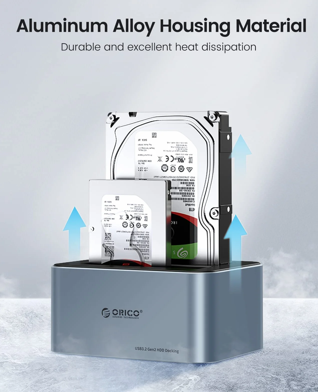 ORICO Aluminiowa stacja dokująca z podwójnym dyskiem twardym, USB 3.2 Gen 2 do SATA 2,5/3,5 cala SSD/HDD, 2 kieszenie, zasilacz 12 V 3 A, obsługuje 2 x 18 TB, bez użycia narzędzi (6626C3)