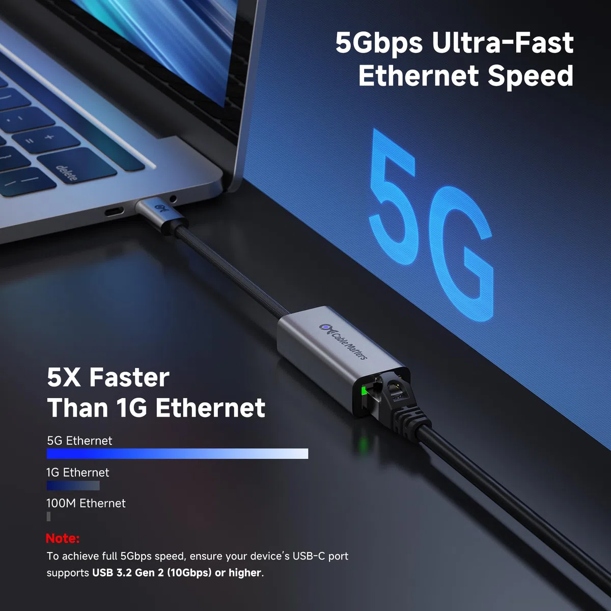 Cable Matters Adapter Ethernet USB C na 5 GB, prędkość sieci 5 gigabitów, adapter USB C na Ethernet, kompatybilny z USB 4, Thunderbolt 4/5, Plug & Play do MacBooka, laptopa i urządzeń USB C