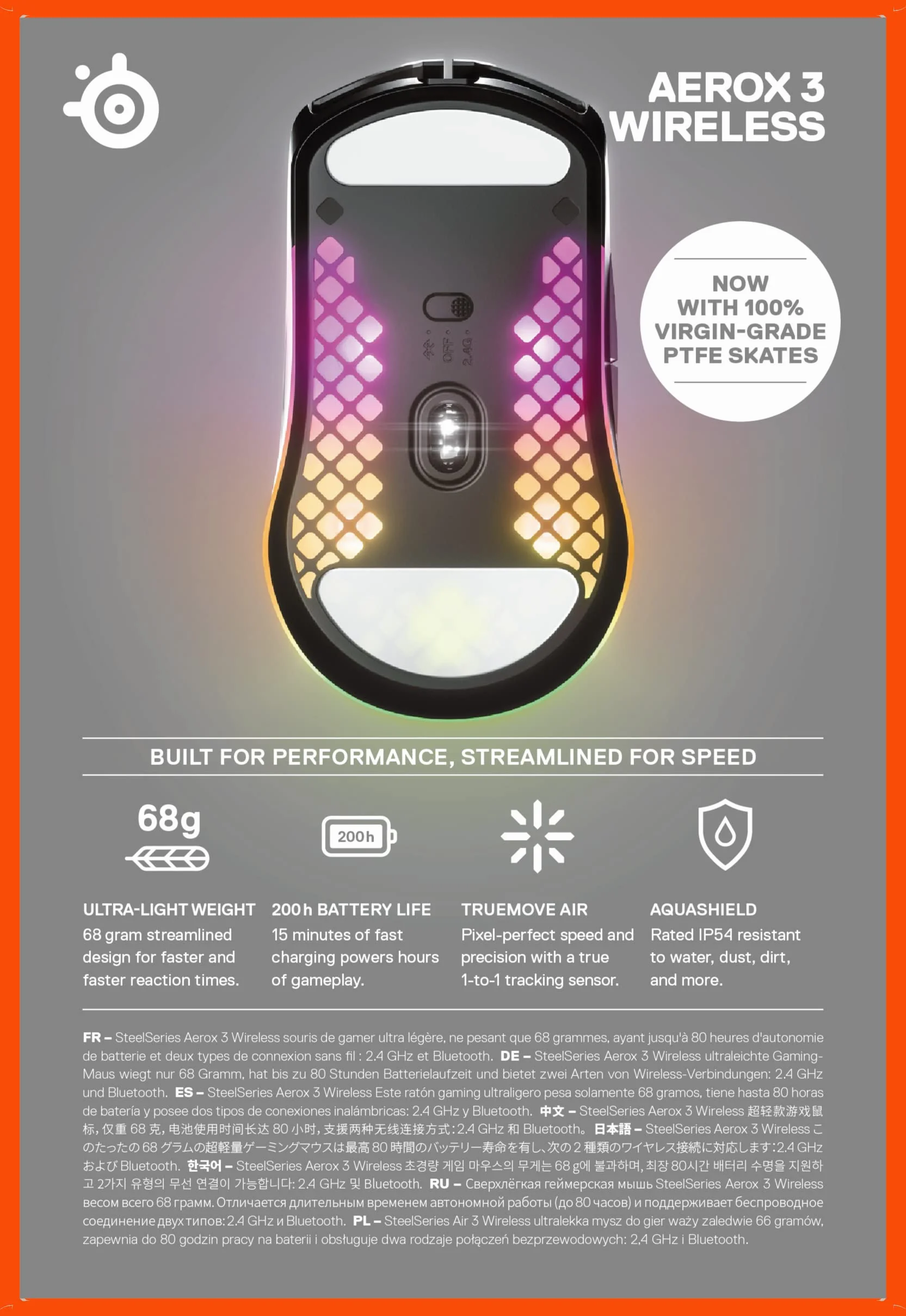 SteelSeries Aerox 3 Wireless Mysz RGB Ultralekka Wodoodporna Sensor TrueMove Air 18K DPI Onyx