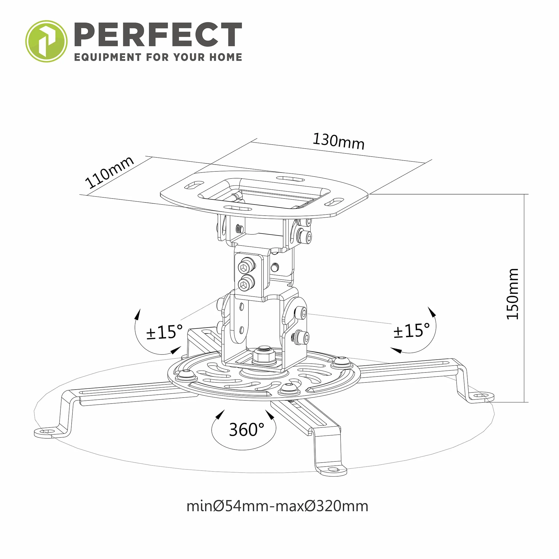 Idealny uchwyt do projektora, pochylony -15°/+15°, wychylny o 360°, obracany o 360°, odstęp od sufitu 15 cm, nośność maks. 13,5 kg, biały