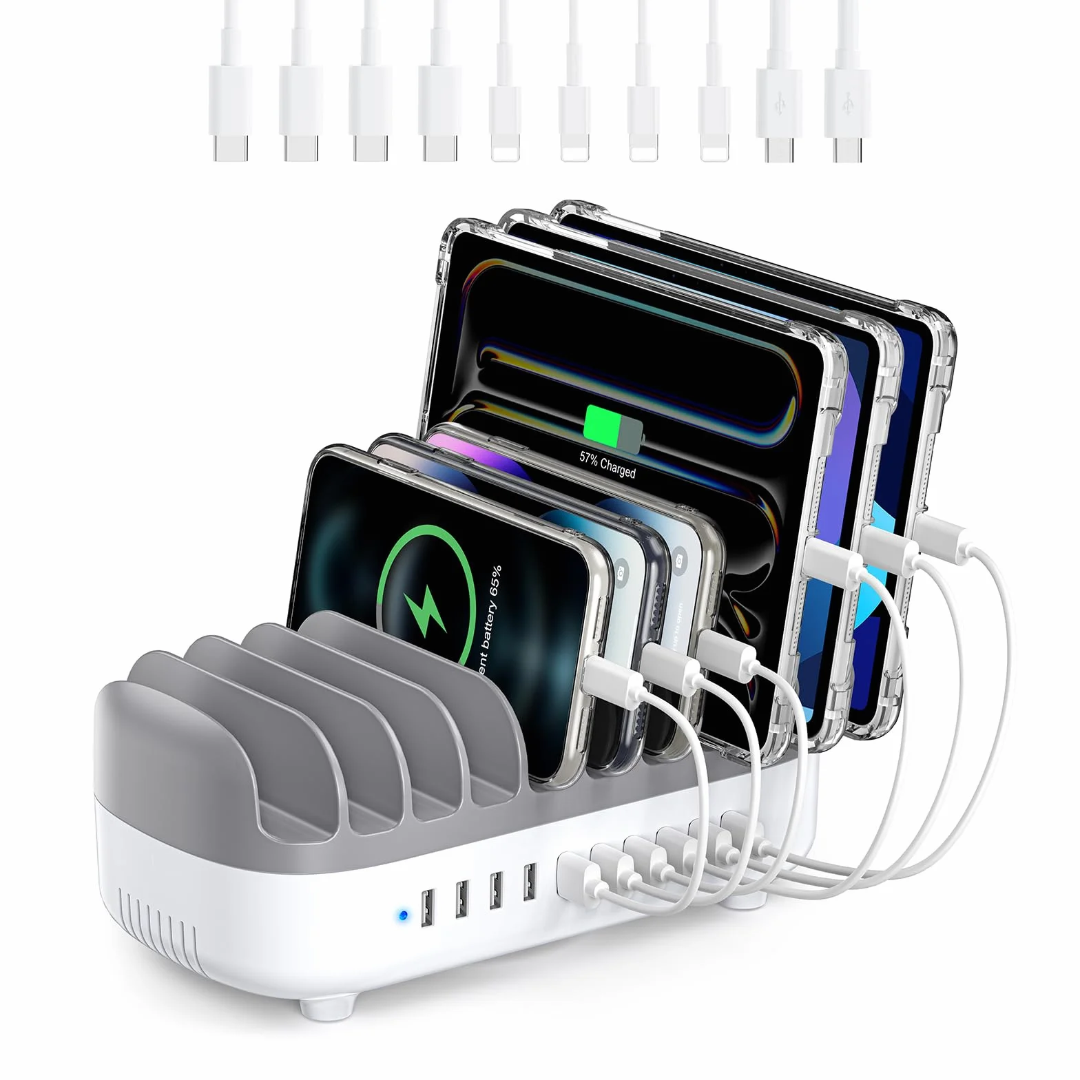 ORICO 120W Charging Station for Multiple Devices, New Upgrade 10 Ports Smart USB Charging Station, Compatible with iPhone 15/14/13/12，iPads, Android Phone and Tablets (With 10 Charging Cables White)