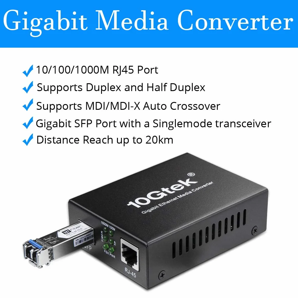 Konwerter mediów Gigabit Ethernet 1,25 G SFP do RJ45 włókno szklane miedź 20 km jednomodowy
