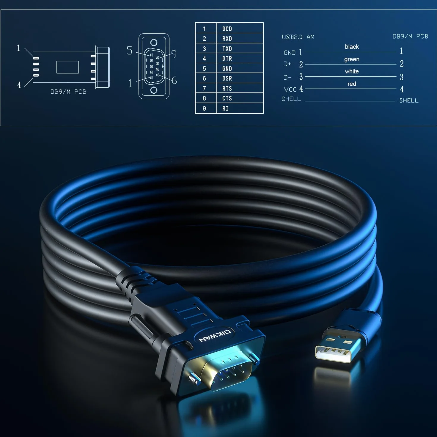USB na RS232, adapter szeregowy USB z chipsetem FTDI, kabel szeregowy USB 2.0 na męski DB9 do systemów Windows 11,10, 8, 7, Vista, XP, 2000, Linux i Mac OS (6 stóp)