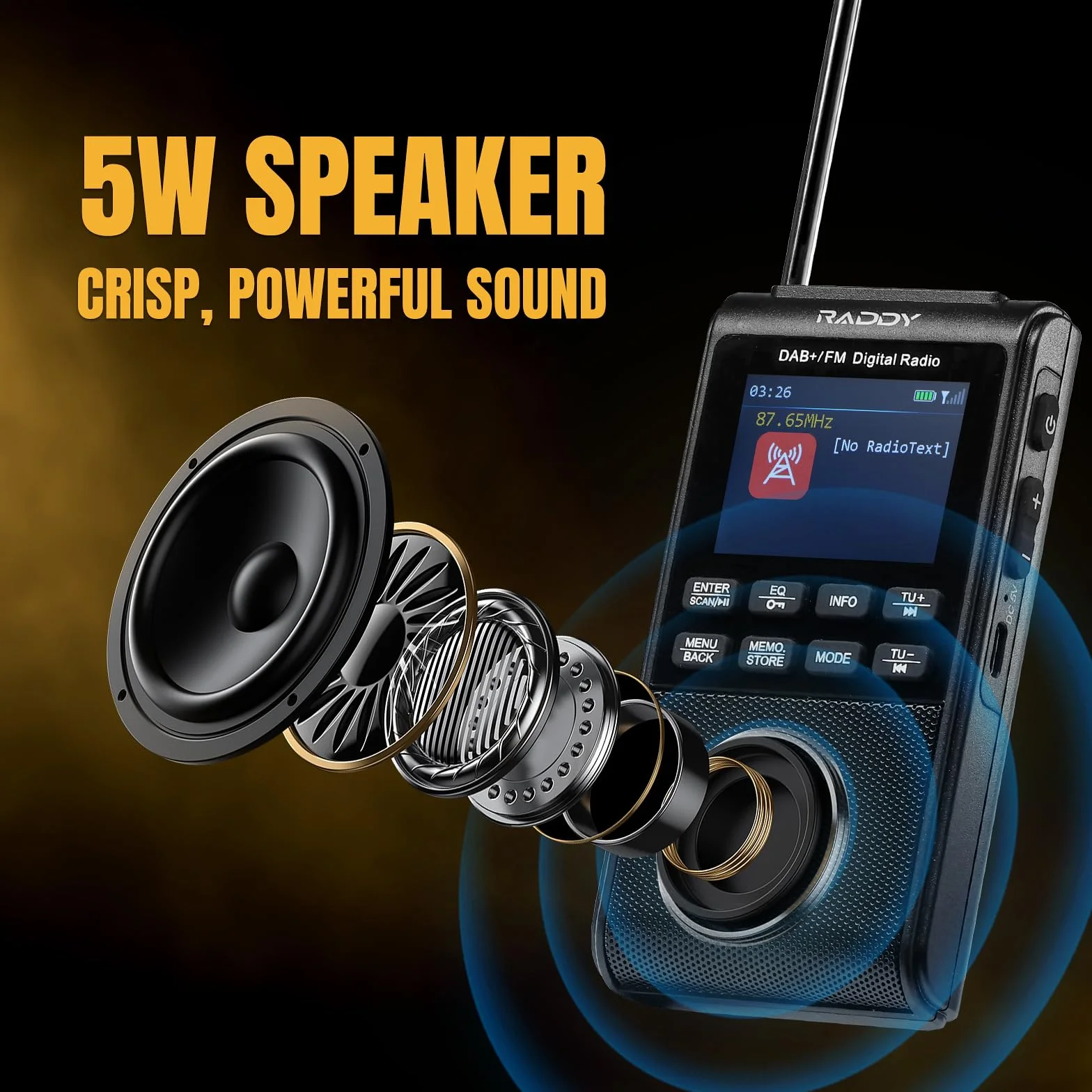 Raddy RD939 przenośne Radio DAB/DAB+ FM, BT 5.3, głośnikiem 5 W, 2-calowym dużym ekranem, 1200 mAh Baterią, Odtwarzaniem TF/USB, automatycznym skanowaniem, gniazdem słuchawkowym