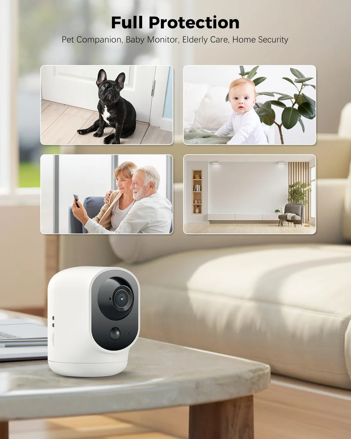 COCOCAM 2K Indoor Pan/Tilt Kamera bezpieczeństwa, z baterią 5200 mAh, w 100% bezprzewodowa do monitorowania dziecka/kamery dla zwierząt/zabezpieczeń domowych (1, Biały)