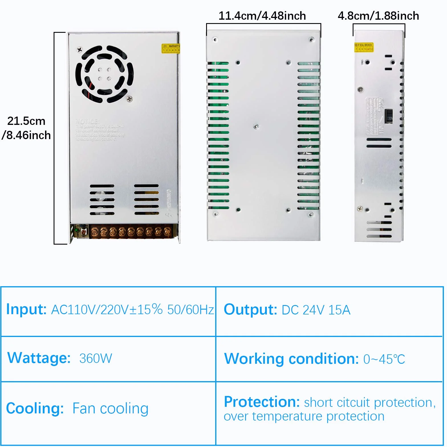 Redrex Uniwersalny regulowany zasilacz impulsowy 24 V 15 A DC, 360 W, zbudowany z wentylatorem chłodzącym o regulowanej temperaturze do CCTV, projektu komputerowego, drukarki 3D, sterownika LED
