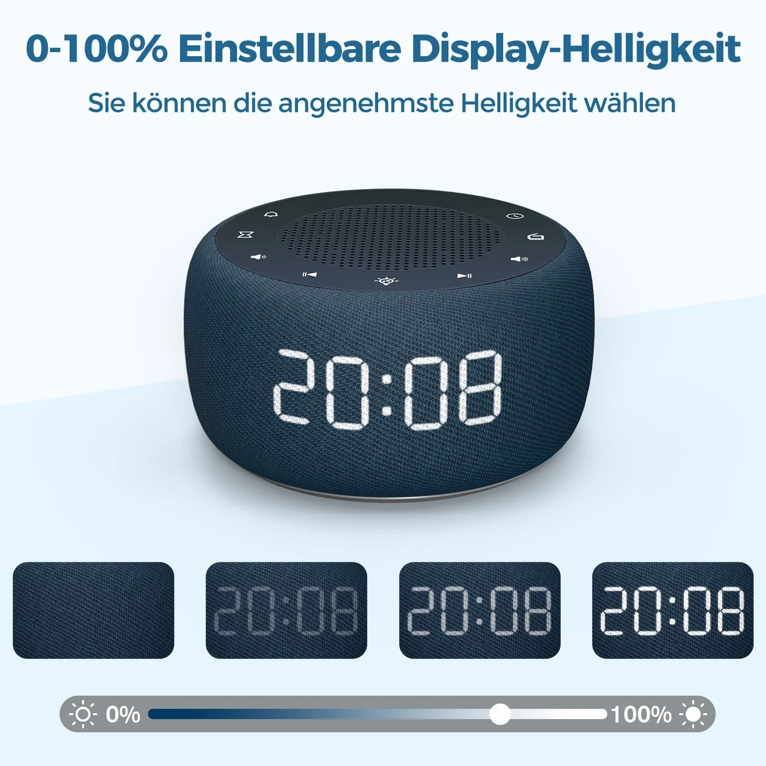 BUFFBEE Radiobudzik do sypialni – wysokiej jakości dźwięk, 4 dźwięki budzika, 7-kolorowe światło nocne, wskaźnik pełnego obszaru ze ściemniaczem do stolika nocnego (granatowy)
