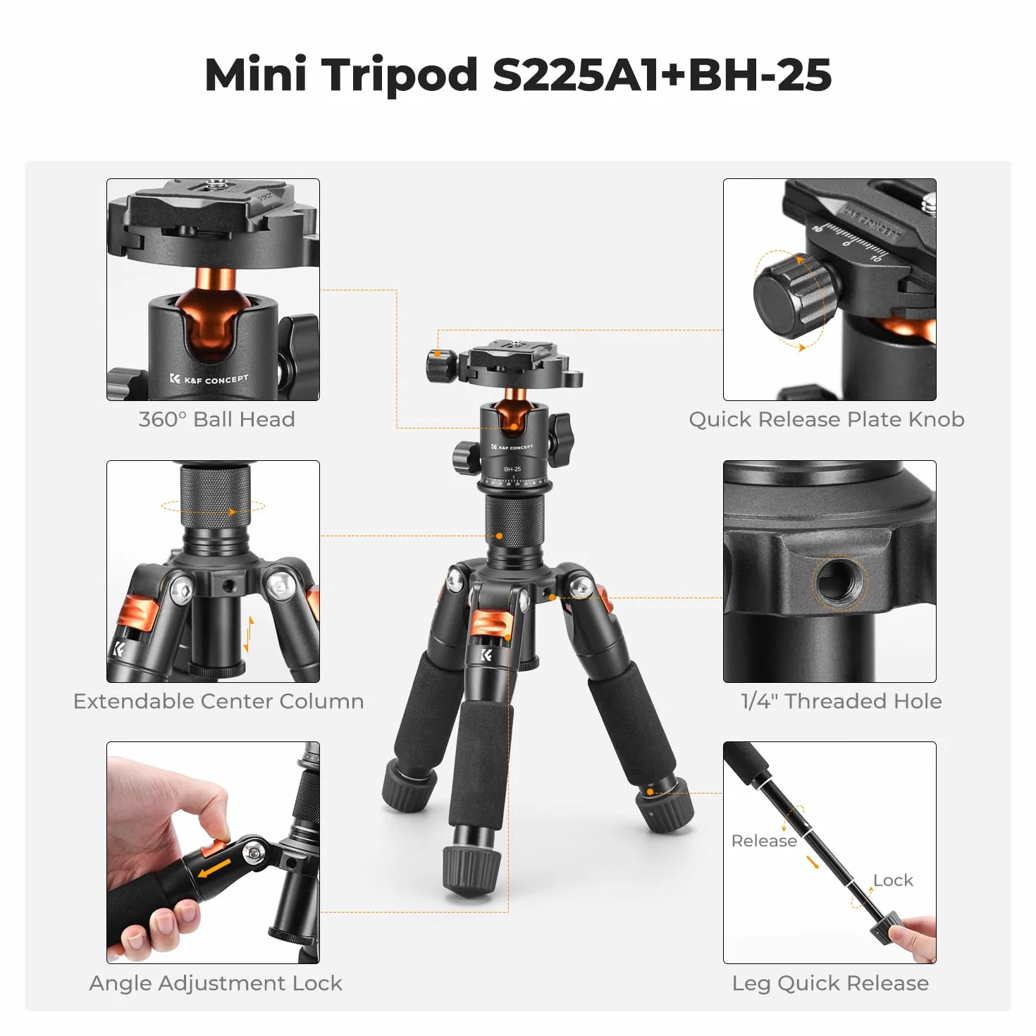 K&F Concept Mini statyw biurkowy, kompaktowy statyw biurkowy 52 cm z głowicą kulową 360°, płytka szybkiego zwalniania 1/4'' do kamery wideo, obciążenie do 6 kg